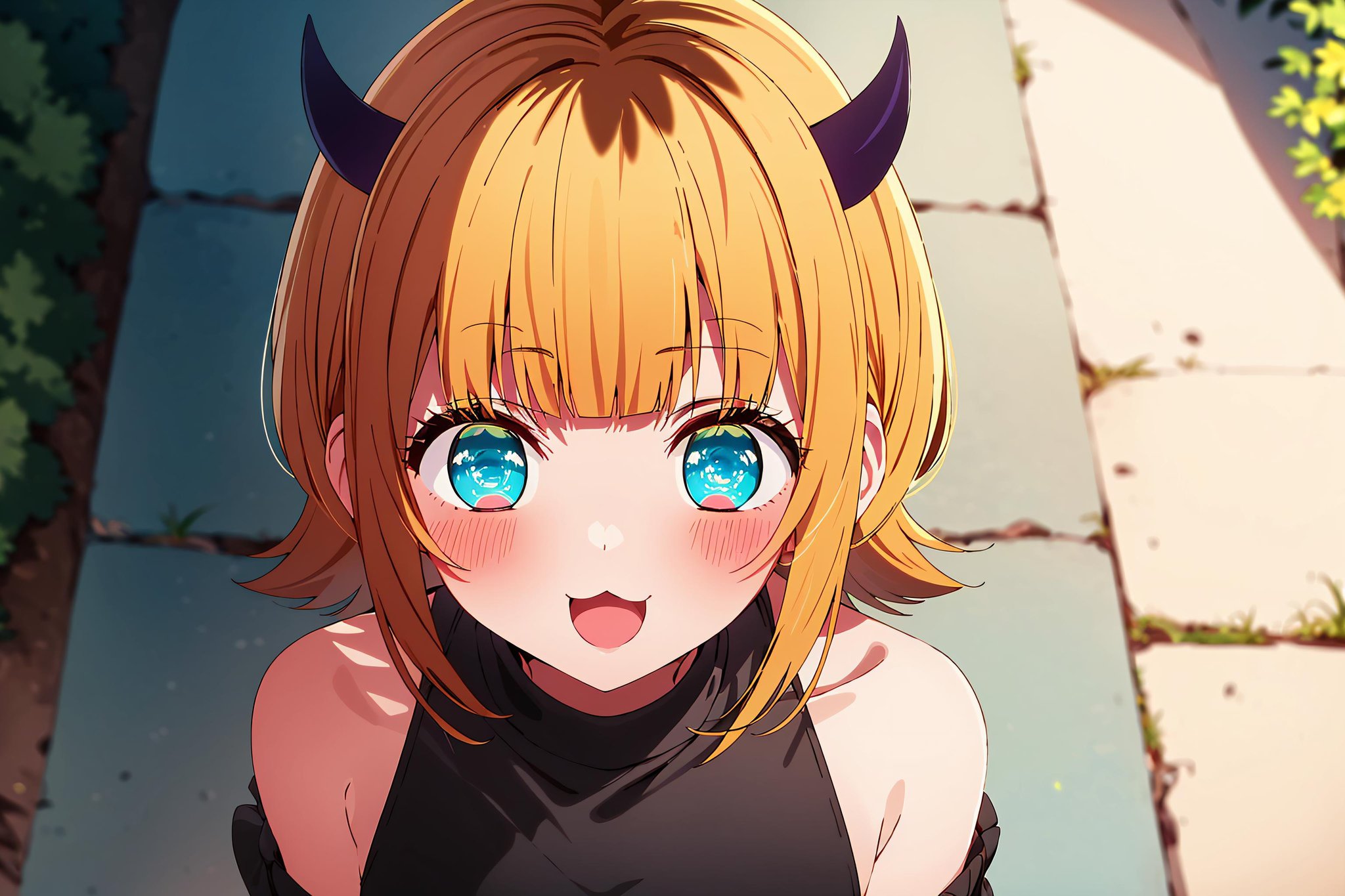 best quality, masterpiece, detailed,<lora:OshiNoKo_MEMcho:0.7>, memcho,open mouth, blush, :3, ^_^,short hair, blonde hair, multicolored hair, aqua eyes, blunt bangs, horns,(blue sweater:1.2), black shirt, bare shoulders, black skirt, medium breasts,standing, (portrait:1.4), looking at the viewer, facing viewer, from above,day, trees, outdoors