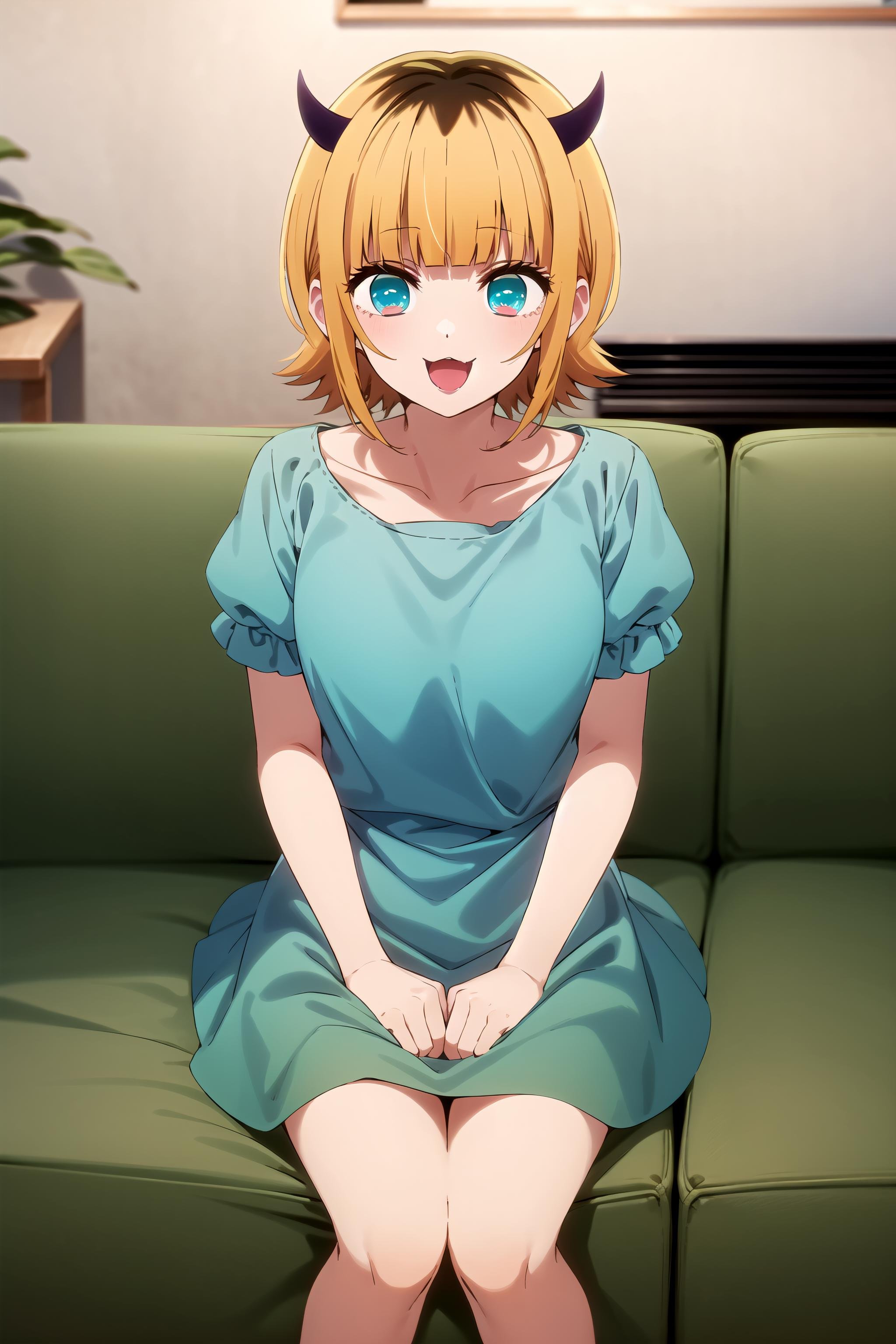 best quality, masterpiece, detailed,<lora:OshiNoKo_MEMcho:0.8>, memcho,open mouth, :3, happy,short hair, blonde hair, multicolored hair, aqua eyes, blunt bangs, horns,aqua dress, collarbone, puffy sleeves, short sleeves,sitting, on couch, looking at the viewer,indoors