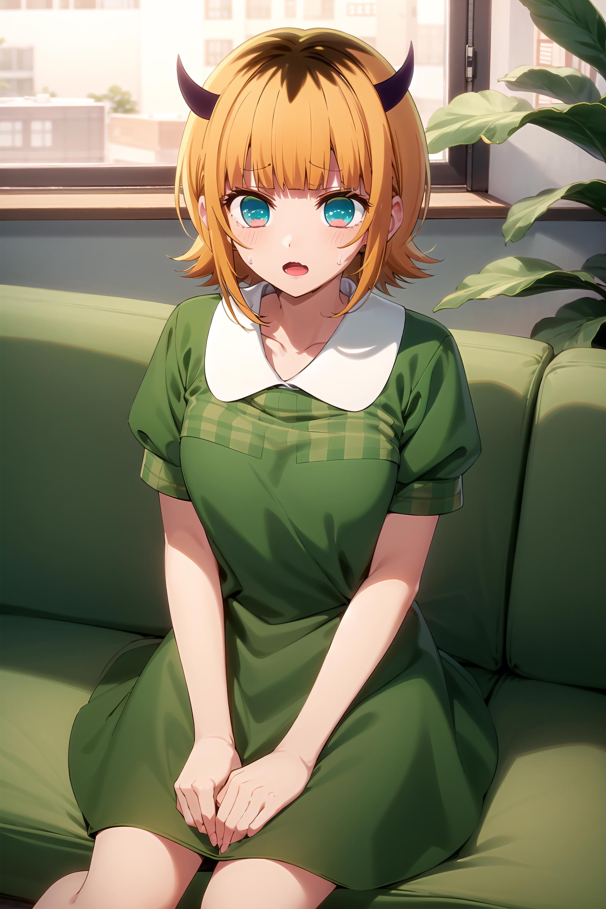 best quality, masterpiece, detailed,<lora:OshiNoKo_MEMcho:0.8>, memcho,open mouth, @_@, sweatdrop,short hair, blonde hair, multicolored hair, aqua eyes, blunt bangs, horns,(green dress:1.4), short sleeves, checkered,sitting, on couch, looking at the viewer,indoors, plant