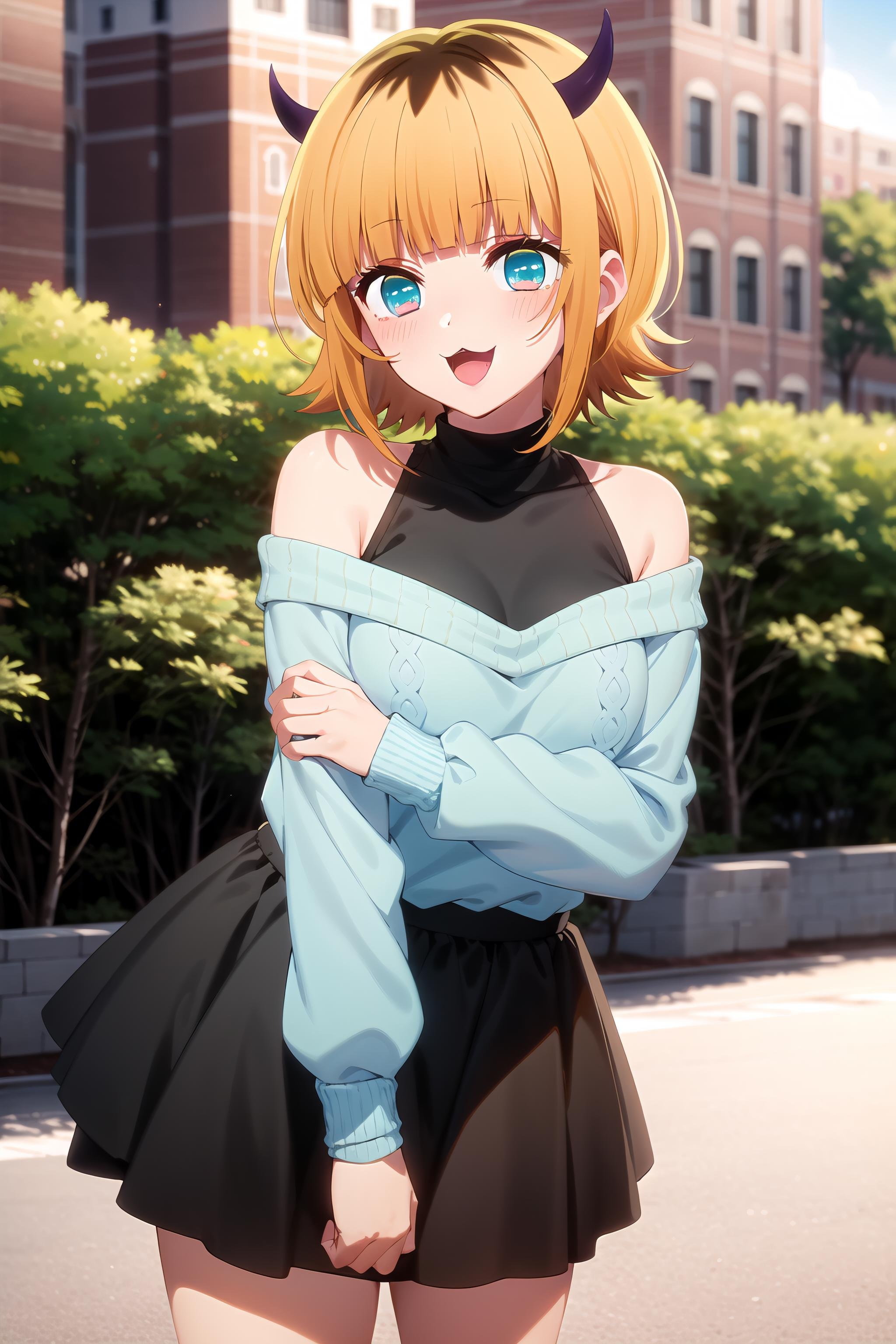 best quality, masterpiece, detailed,<lora:OshiNoKo_MEMcho:0.8>, memcho,open mouth, light blush, :3, smile,short hair, blonde hair, multicolored hair, aqua eyes, blunt bangs, horns,(blue sweater:1.2), black shirt, bare shoulders, black skirt, medium breasts,standing, looking at the viewer,day, park, outdoors