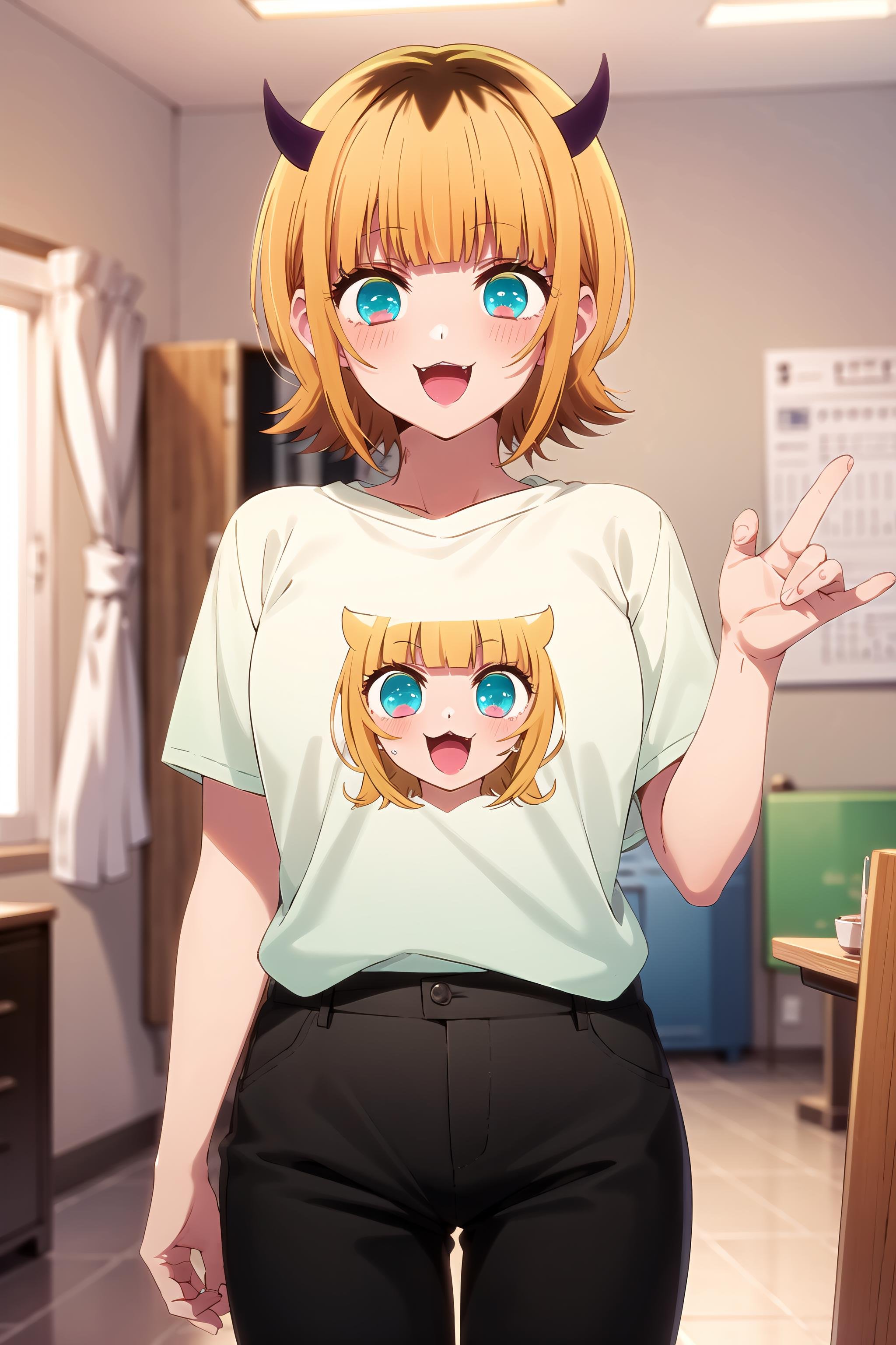 best quality, masterpiece, detailed,<lora:OshiNoKo_MEMcho:0.8>, memcho,open mouth, :3, smile, light blush,short hair, blonde hair, multicolored hair, aqua eyes, blunt bangs, horns,green shirt, print shirt, t-shirt, black pants,standing, looking at the viewer,indoors