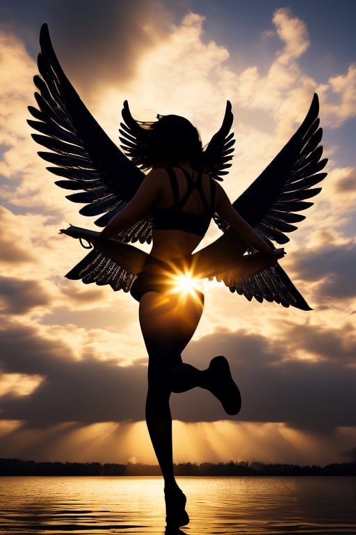 masterpiece, best quality, ultra-detailed, absurdres, (angle),cool,flying ,(shape of people) ,wearing , from the front,in the cloudy sky, distant, silhouette,sun,two wings,legs,tights