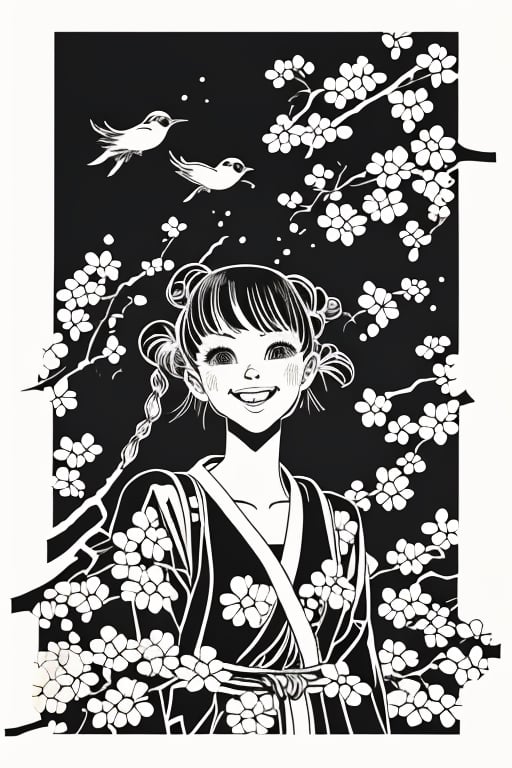 (woodblock print:1.1025), ink painting, art by sukolity, lines, (vector art:1.05), Washi Background, 1girl, loli, black twintails hair, posing, smile, open mouth, floating hair, branch leaf, bird perched on a tree branch, mid shot, hanfu, bird-and-flower genre in Chinese and Japanese painting