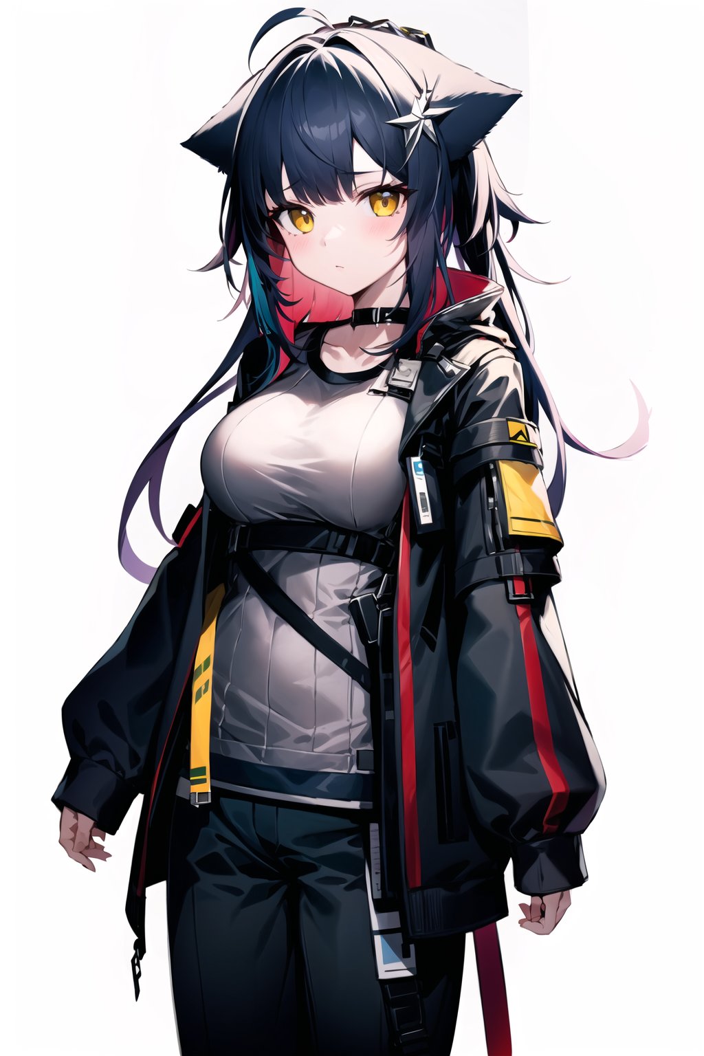 1girl, simple background,  long hair, shirt, pants, cat ears, jacket,jessica the liberated (arknights)