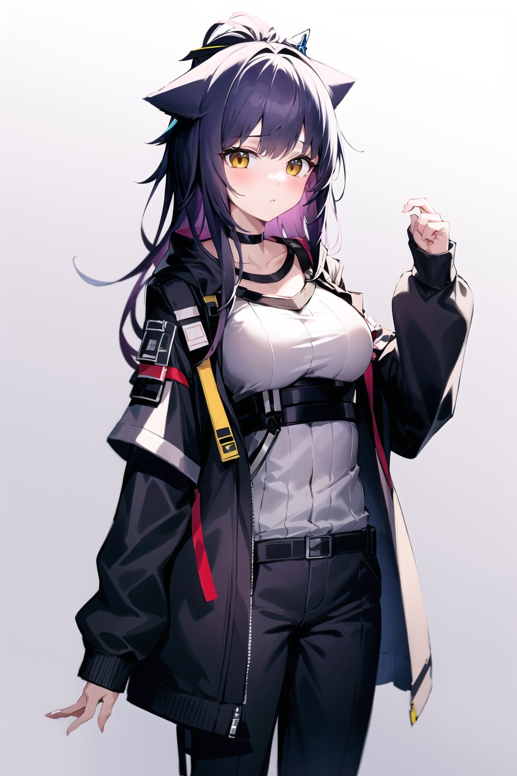 1girl, simple background,  long hair, shirt, pants, cat ears, jacket,jessica the liberated (arknights), 