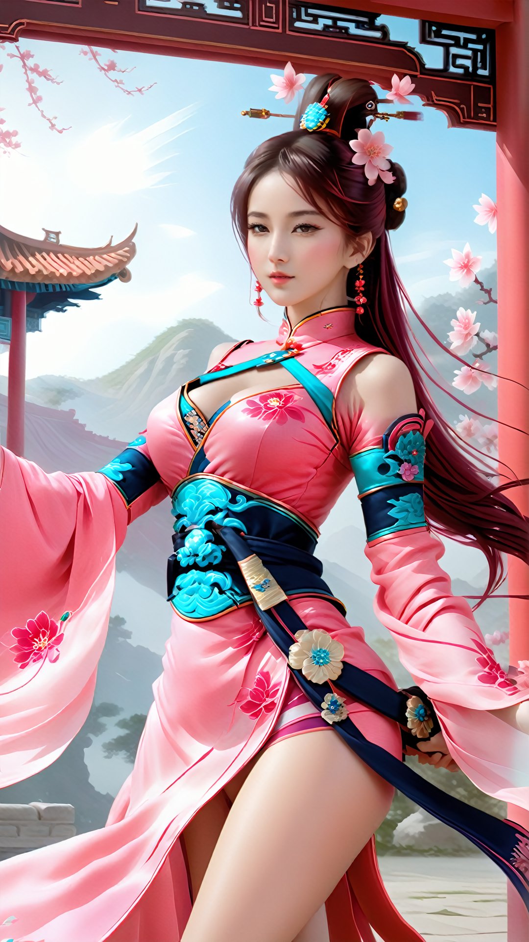  (Ancient military commander style) game cg (surreal thick brush strokes: 1.5) (special perspective: 1.5) (ancient Chinese style color) The pink beauty is leaning in the antique pavilion, with a charming face. Through the effect of perspective, her cheeks are as charming as peach blossoms, complementing the shadows of flowers in the pavilion. The Chinese perspective makes her beauty even more enchanting.