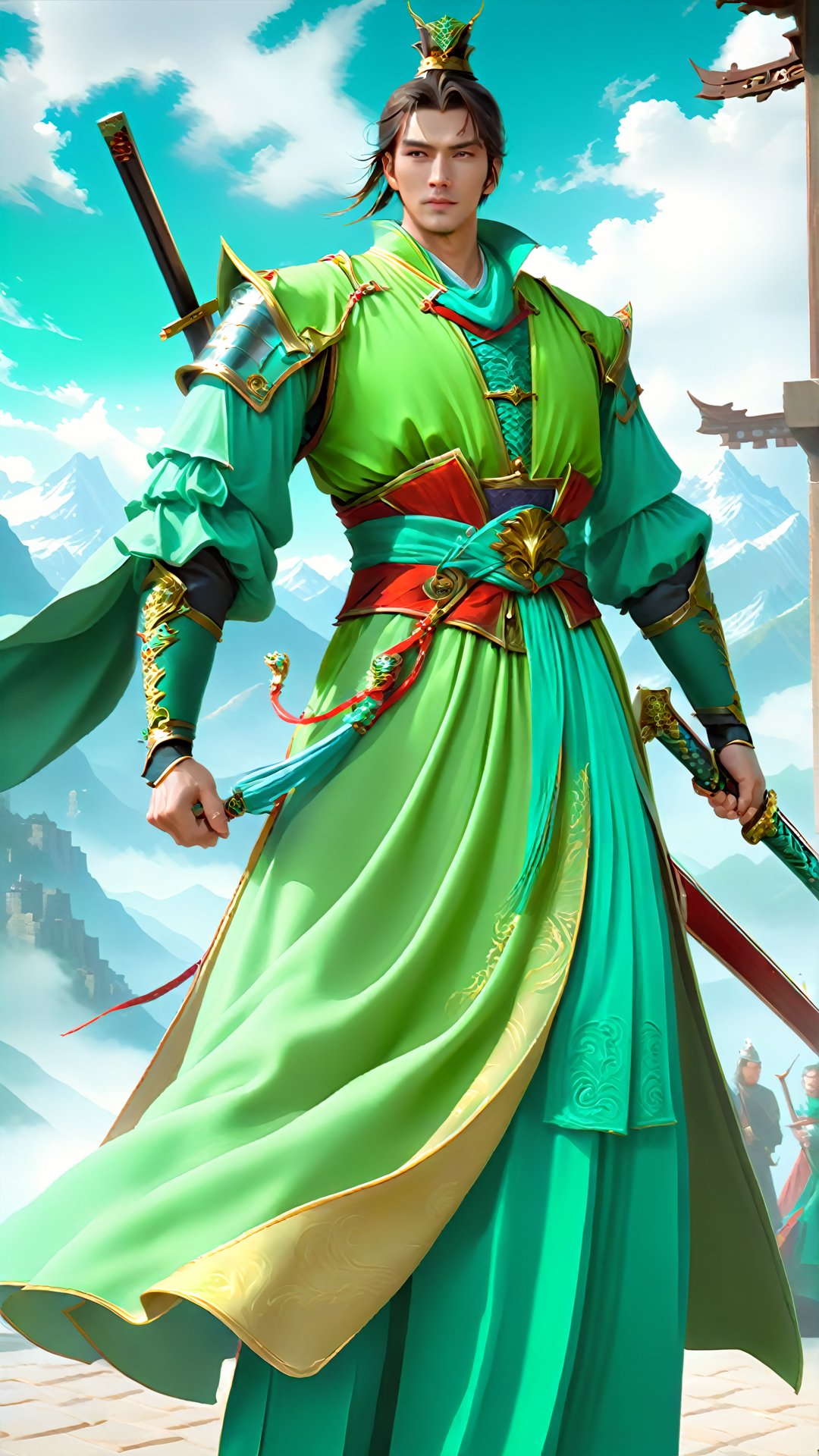  (Ancient military commander style) game cg (surreal thick strokes: 1.5) Qingyun Swordsman, a handsome man with a broad and tall face, and strong lines like mountains. He was wearing a green splendid gown, with a sword on his waist. The sword posture seemed to be like the mountains and rivers rolling in clouds. There is a majestic and chic look on his face, just like the chivalrous style of the medieval period.