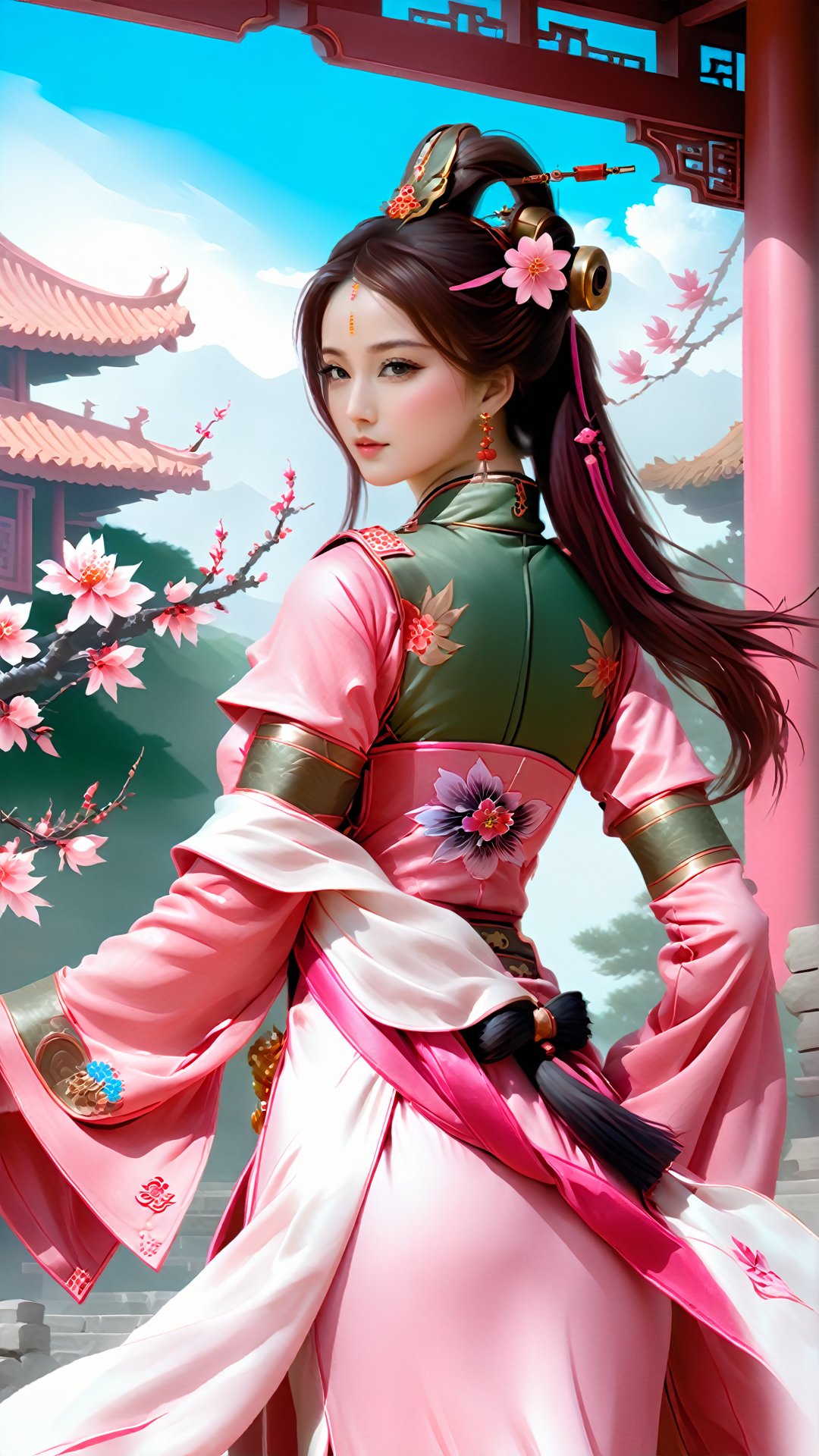  (Ancient military commander style) game cg (surreal thick brush strokes: 1.5) (special perspective: 1.5) (ancient Chinese style color) The pink beauty is leaning in the antique pavilion, with a charming face. Through the effect of perspective, her cheeks are as charming as peach blossoms, complementing the shadows of flowers in the pavilion. The Chinese perspective makes her beauty even more enchanting.