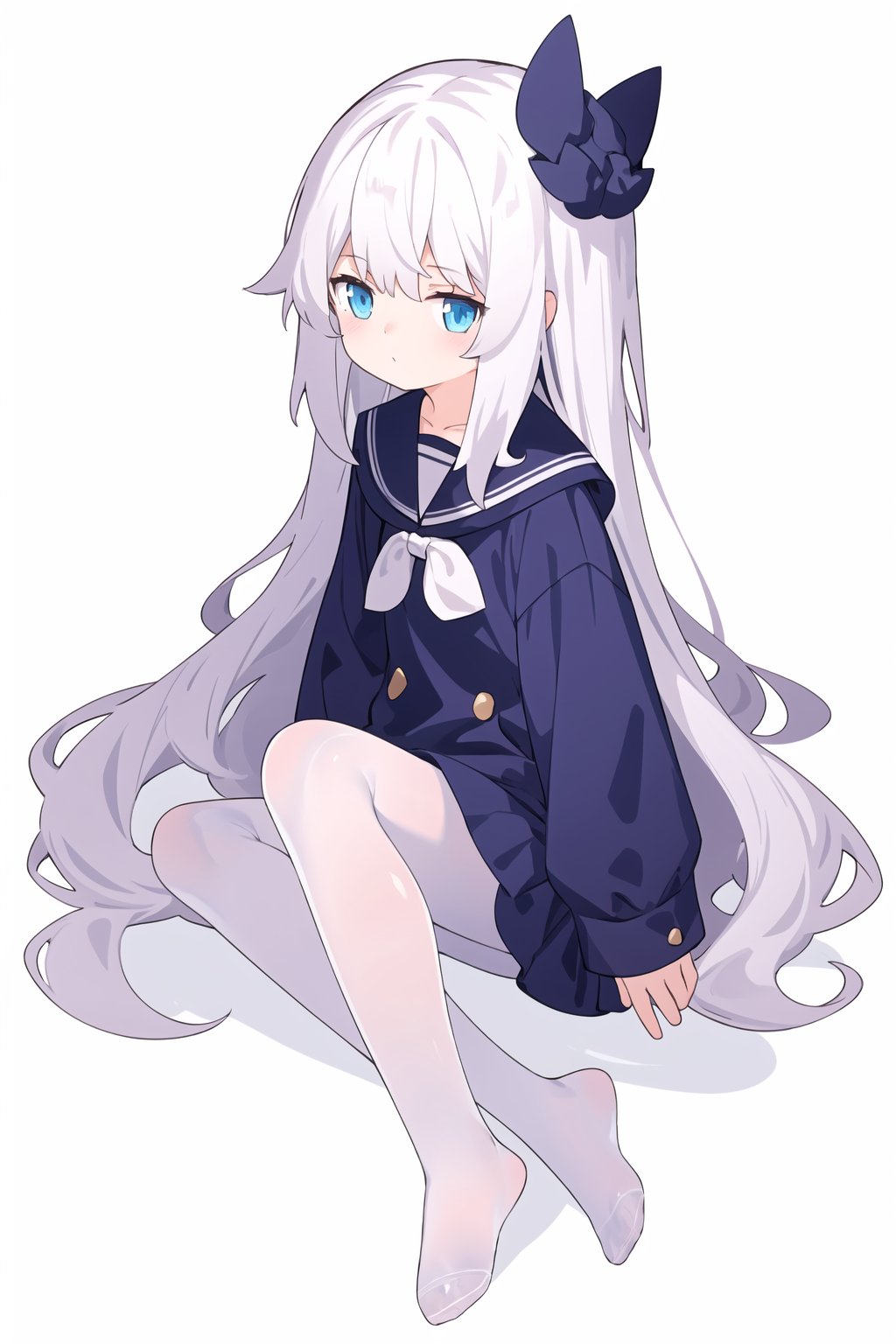  loli,1girl,white pantyhose,full body,no shoes,white background,white hair,blue eyes