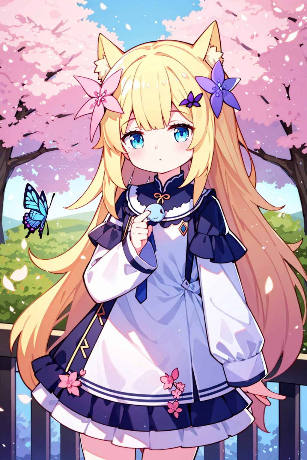  1girl,animal ears,bangs,bird,bird on hand,blonde hair,blue butterfly,blue eyes,butterfly hair ornament,butterfly wings,cherry blossoms,day,depth of field,dragonfly,dress,flower,glowing butterfly,hair flower,hair ornament,in tree,long hair,long sleeves,looking at animal,motion blur,origami,outdoors,pink flower,(purple flower:1.2),railing,solo, tree,very long hair,white butterfly,wisteria,yellow butterfly,loli,
