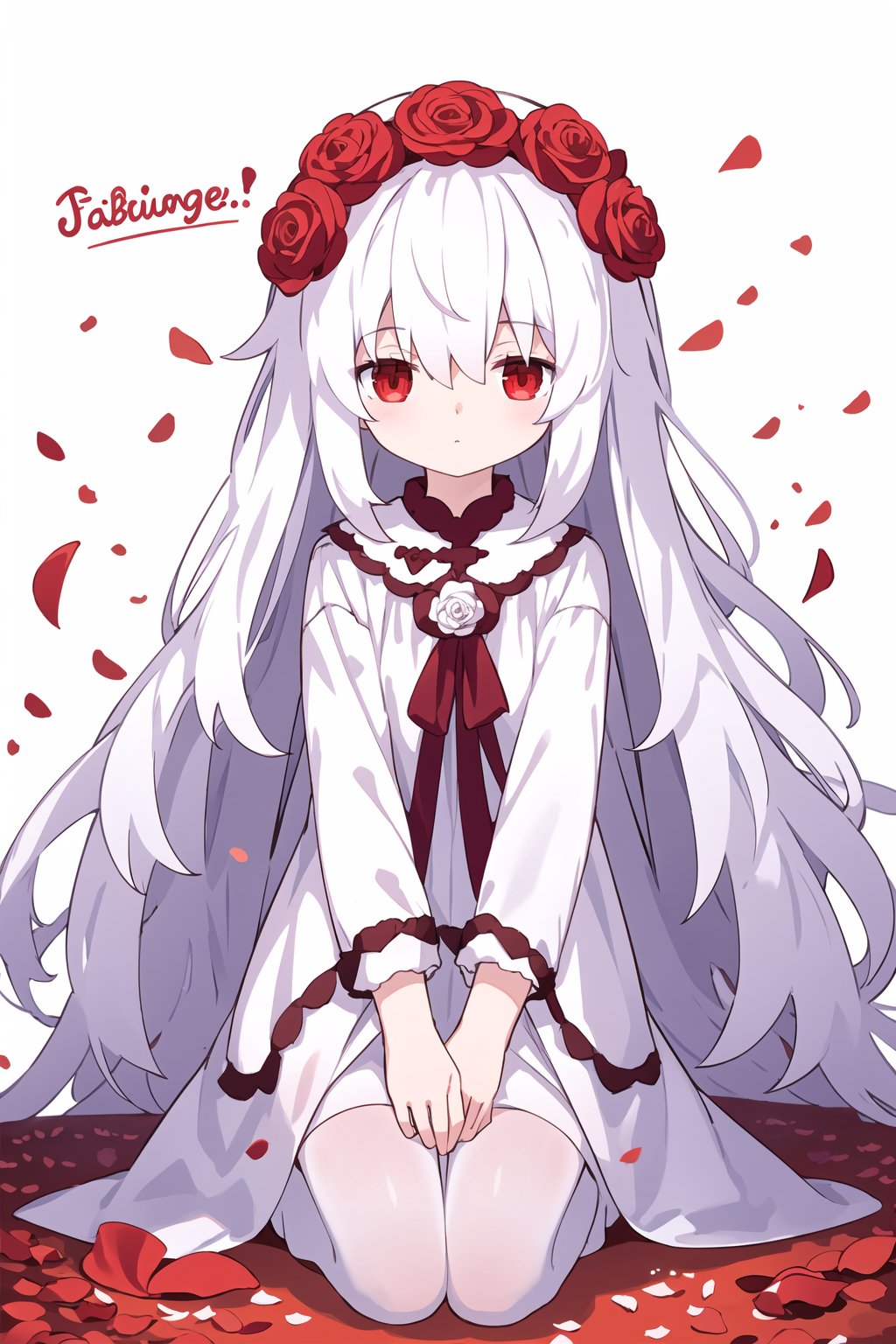  1girl, red eyes, white long translucent night gown, expressionless, (white hair), hair cover one eye, long hair, red hair flower, kneeling on lake, blood, (plenty of red petals:1.35), (white background:1.5), (English text),bankuang, 4349