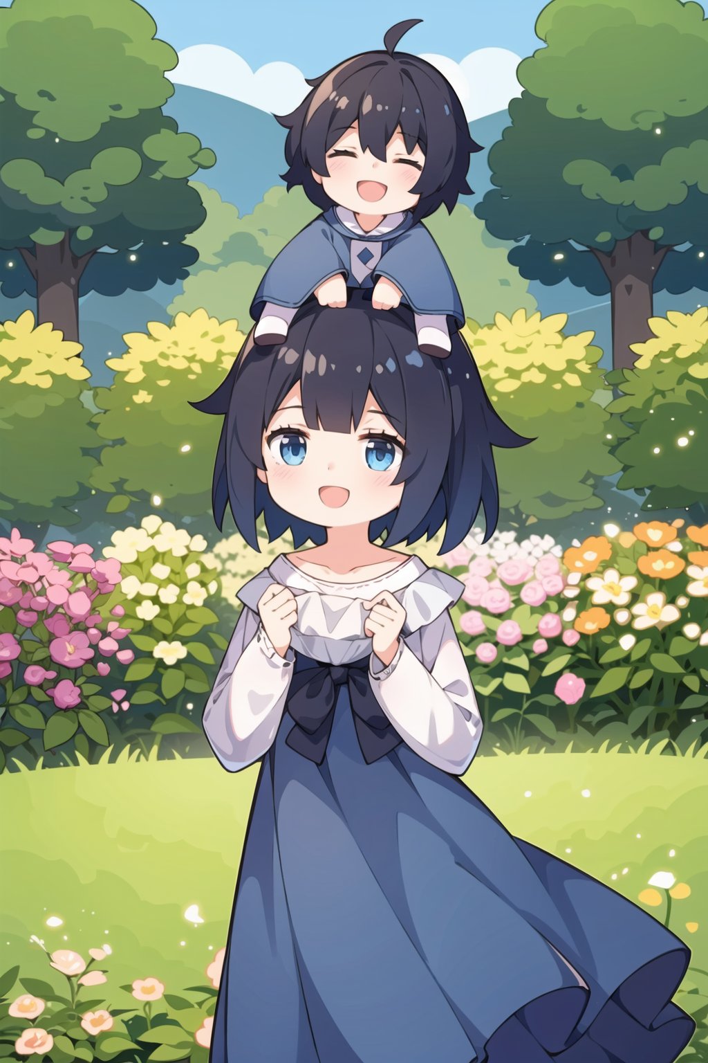 A girl, girl, with black hair, a blue dress, flowers on her head, laughing heartily, with a corner of the garden as the background
