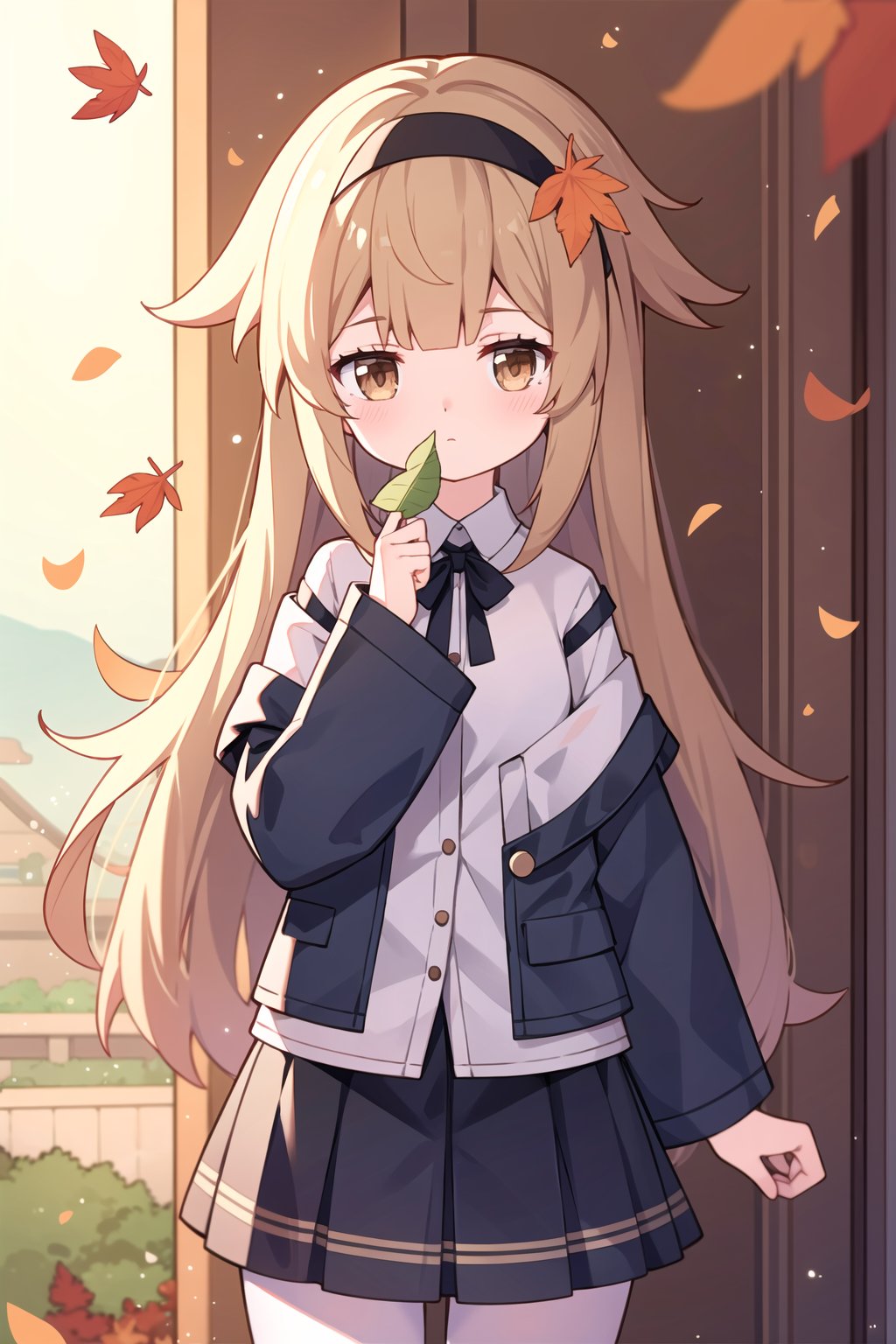 1girl, solo, holding leaf, long hair, ginkgo leaf, brown eyes, skirt, looking at viewer, holding, ribbon, hair ribbon, long sleeves, shirt, blurry, leaf, blurry background, bangs, off shoulder, brown skirt, black ribbon, brown hair, blush, depth of field, white shirt, hand up, autumn leaves, black shirt,,,
