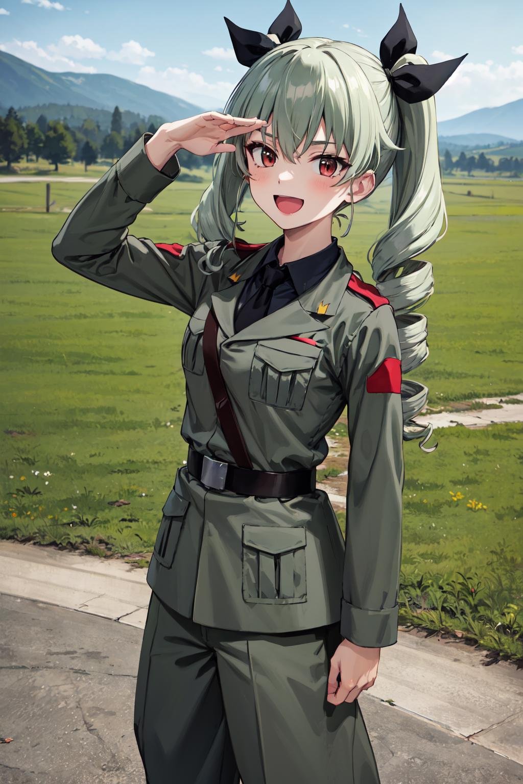 masterpiece,best quality,highres,ultra-detailed,bbanchovy,long hair,twin drills,bangs,hair ribbon,anzio military uniform,wing collar,black necktie,grey jacket,long sleeves,black shirt,black belt,pants tucked in,grey pants,knee boots,<lora:anchovy:0.8>,outdoors,standing,:d,salute,