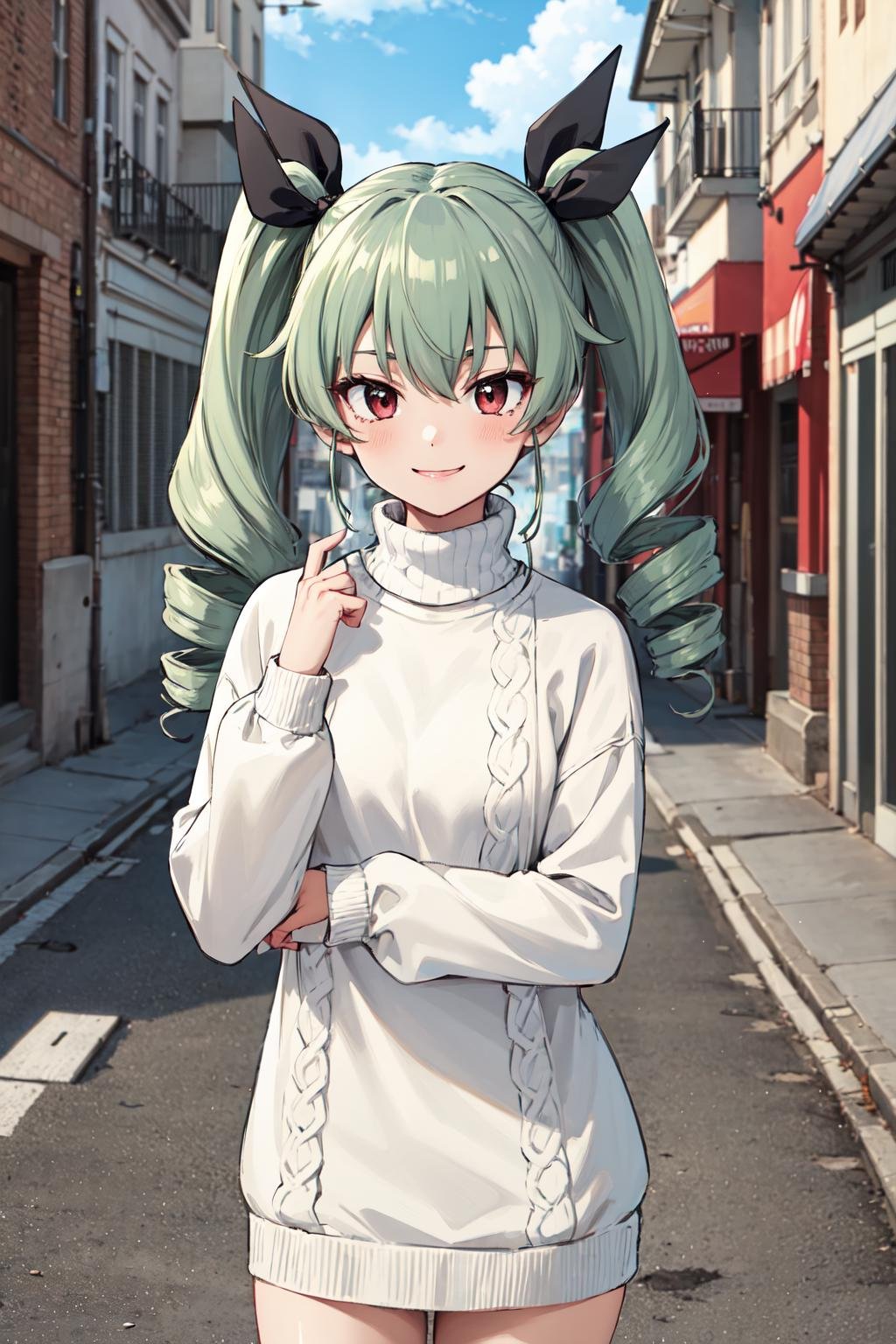 masterpiece,best quality,highres,ultra-detailed,aaanchovy,long hair,twin drills,bangs,hair ribbon,<lora:anchovy:0.8>,sweater,turtleneck,street,smile,standing,