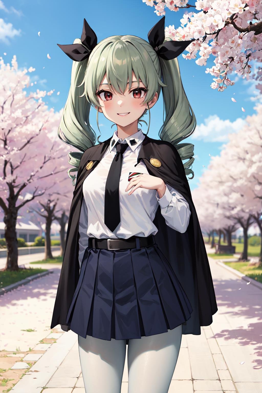 masterpiece,best quality,highres,ultra-detailed,aaanchovy,long hair,twin drills,bangs,hair ribbon,anzio school uniform,long sleeves,black cape,emblem,black necktie,wing collar,dress shirt,black belt,(black skirt:1.1),white pantyhose,loafers,<lora:anchovy:0.8>,outdoors,cherry blossoms,standing,cowboy shot,smile,