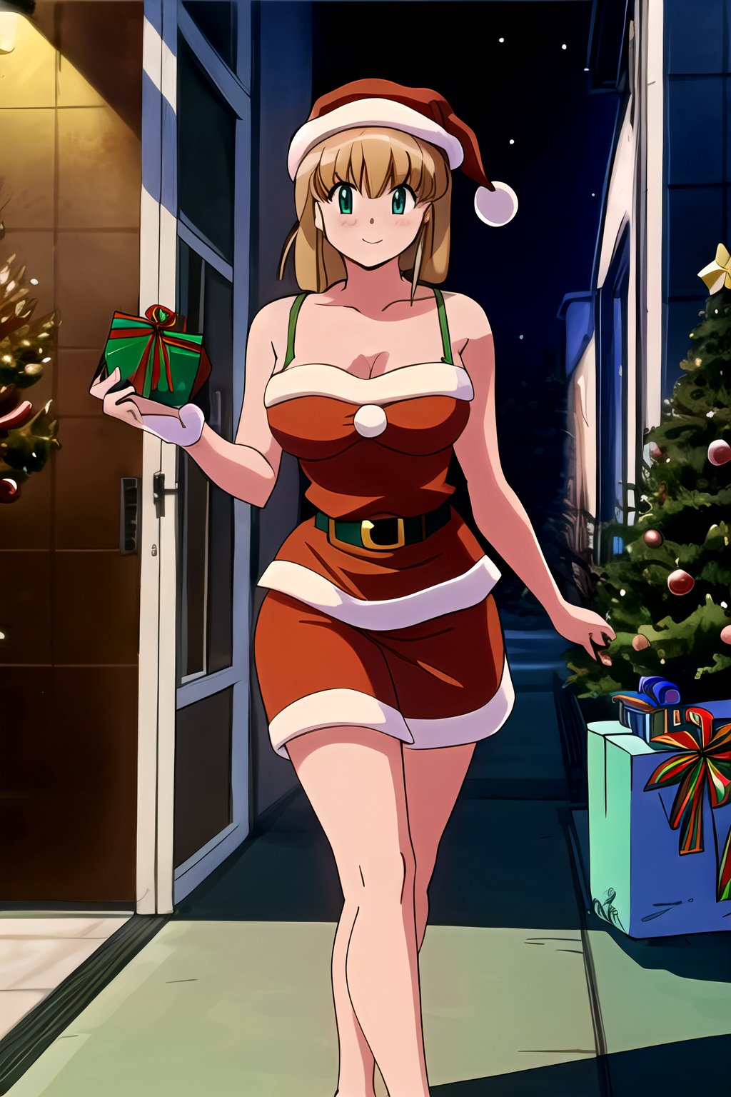 masterpiece, best quality, 1girl, solo, (Hosokawa Miki:1.4),  green eyes,short hair, blonde hair, breasts, sexy smile, woman (wearing santa_outfit:1.3),christmas tree,wearing cap, Overhead camera, sharp focus, handsome,plump legs, skinny,professional lighting,,rendered eyes,tall body,adult woman,hair ornament,instagram most viewed,official wallpaper, official art,(kpop idol), half-closed eyes,building,((photorealistic painting art by midjourney and greg rutkowski))