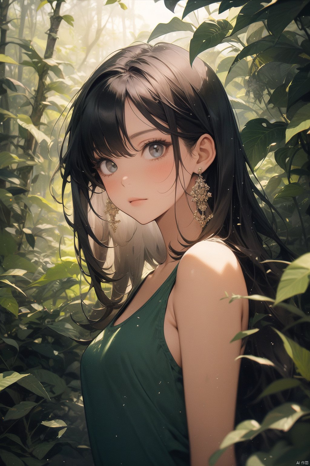 Create an enchanting illustration of a beautiful woman wearing a tank top, set against a backdrop of a lush forest. Ensure to capture the serene beauty of the natural setting while focusing on the exquisite detail of the subject.
