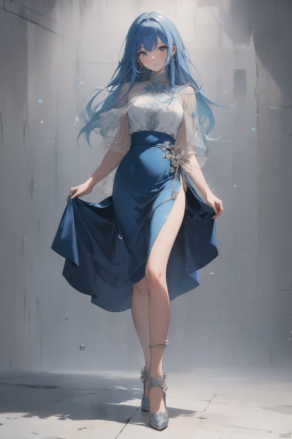 8k, Surreal, masterpiece, best quality, Super detailed, high resolution, random background, 1個Giant Breast Girl, (:1.5), Willow Yao, Blue Link ,long skirt,translucent,Blue hair,stand,whole body,High heel,High heel,whole body,white silk