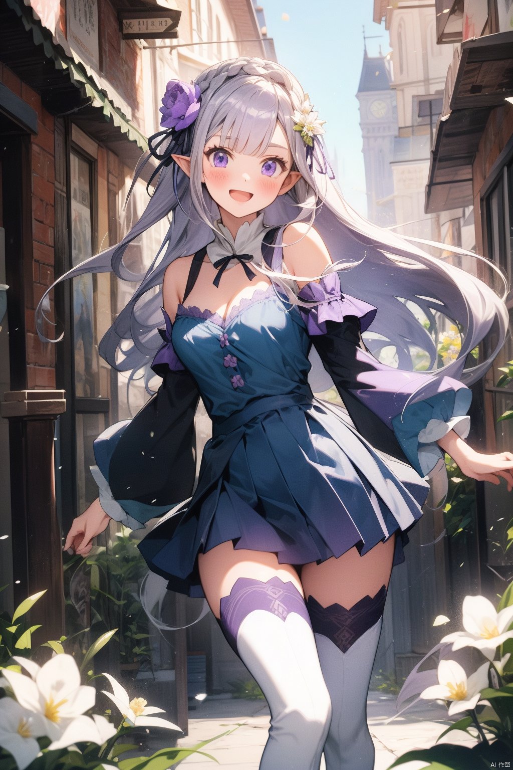 emilia \(re:zero\), hair ornament, 1girl, long hair, bangs, thighhighs, flower, hair flower, braid, pointy ears, purple eyes, hair ribbon, pleated skirt, ribbon, breasts, medium breasts, white flower, skirt, detached sleeves, miniskirt, blunt bangs, boots, bare shoulders, white legwear, wide sleeves, smile, looking at viewer, cleavage, outdoors, blush, eyebrows visible through hair, purple ribbon, silver hair, thigh boots, very long hair, dress, low-tied long hair, day, zettai ryouiki, solo, open mouth, clenched hands