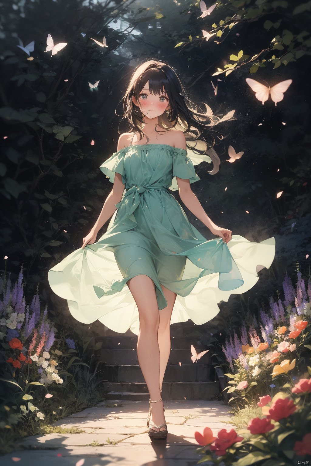 1girl, solo, full body, (masterpiece:1.21), (best quality:1.2), colorful, (illustration:1.2), (cinematic lighting:1.1), (bare shoulders:1.21), (collarbone:1.21)
In this whimsical and fantastical garden, the scene is illuminated by a rainbow of (colorful fireflies), dancing and fluttering in the air. The garden is decorated by a gentle (drizzle), creating a misty and ethereal atmosphere. In the center of the scene, there is a single girl, an extremely delicate and beautiful girl, with cute features and an innocent expression. Her long hair is flowing with the wind. She is wearing no shoulder straps dress, which is ultra low cut, highlighting her delicate curves.

The lighting is very delicate and beautiful, creating a soft and warm glow that highlights the water, making it sparkle like diamonds. The finest grass is also illuminated, creating a lush and verdant carpet. The garden is surrounded by colorful flower fields, with blooms of every color and shape. (Colorful butterflies), of every shade and size, can be seen fluttering around the scene, adding to the overall sense of wonder and magic. (look ai viewer),A blush can be seen on her nose, and her mouth is slightly open, adding to the overall sense of innocence and youthfulness. Falling petals can be seen floating around her, adding to the overall sense of romance and beauty. A gentle wind is blowing through the scene, making the leaves rustle and the flowers sway, adding to the overall sense of movement and life. This is a scene of pure wonder and magic, filled with color and beauty, where the viewer can lose themselves in the enchanting and captivating world.