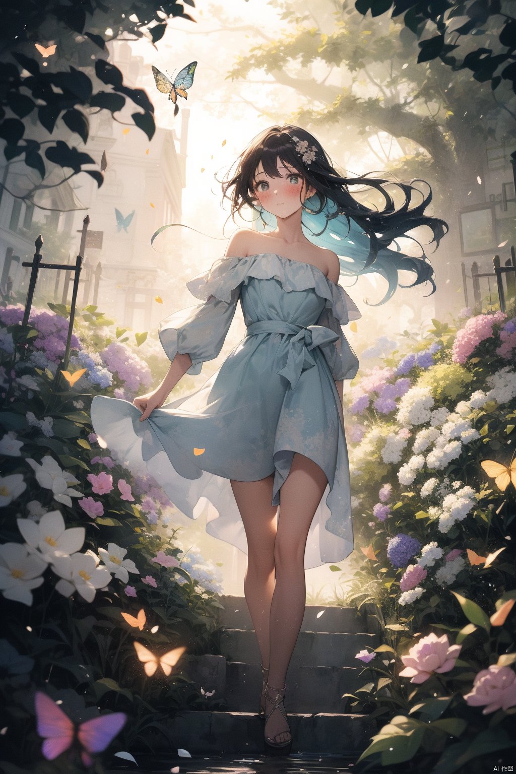 1girl, solo, full body, (masterpiece:1.21), (best quality:1.2), colorful, (illustration:1.2), (cinematic lighting:1.1), (bare shoulders:1.21), (collarbone:1.21)
In this whimsical and fantastical garden, the scene is illuminated by a rainbow of (colorful fireflies), dancing and fluttering in the air. The garden is decorated by a gentle (drizzle), creating a misty and ethereal atmosphere. In the center of the scene, there is a single girl, an extremely delicate and beautiful girl, with cute features and an innocent expression. Her long hair is flowing with the wind. She is wearing no shoulder straps dress, which is ultra low cut, highlighting her delicate curves.

The lighting is very delicate and beautiful, creating a soft and warm glow that highlights the water, making it sparkle like diamonds. The finest grass is also illuminated, creating a lush and verdant carpet. The garden is surrounded by colorful flower fields, with blooms of every color and shape. (Colorful butterflies), of every shade and size, can be seen fluttering around the scene, adding to the overall sense of wonder and magic. (look ai viewer),A blush can be seen on her nose, and her mouth is slightly open, adding to the overall sense of innocence and youthfulness. Falling petals can be seen floating around her, adding to the overall sense of romance and beauty. A gentle wind is blowing through the scene, making the leaves rustle and the flowers sway, adding to the overall sense of movement and life. This is a scene of pure wonder and magic, filled with color and beauty, where the viewer can lose themselves in the enchanting and captivating world.