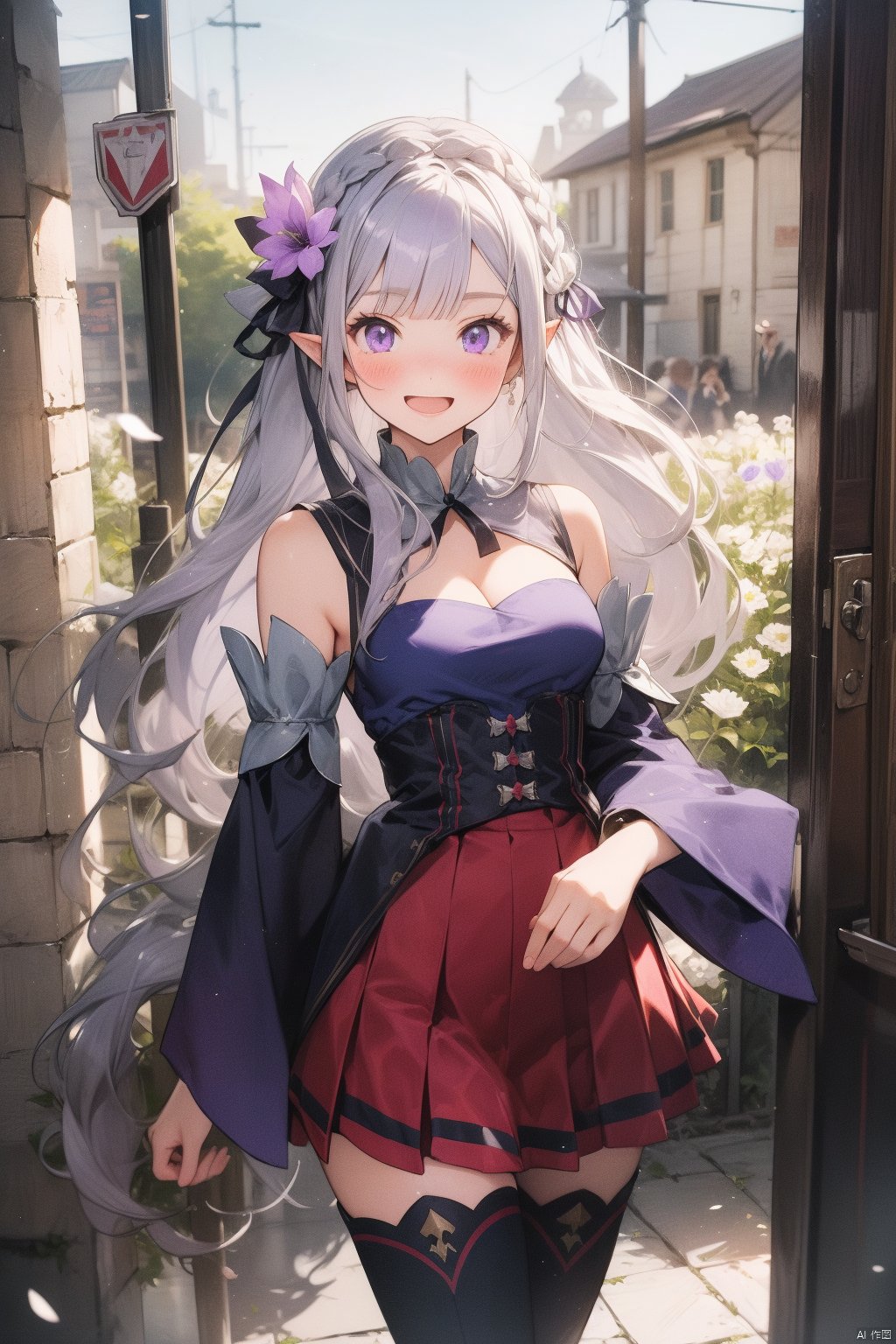 emilia \(re:zero\), hair ornament, 1girl, long hair, bangs, thighhighs, flower, hair flower, braid, pointy ears, purple eyes, hair ribbon, pleated skirt, ribbon, breasts, medium breasts, white flower, skirt, detached sleeves, miniskirt, blunt bangs, boots, bare shoulders, white legwear, wide sleeves, smile, looking at viewer, cleavage, outdoors, blush, eyebrows visible through hair, purple ribbon, silver hair, thigh boots, very long hair, dress, low-tied long hair, day, zettai ryouiki, solo, open mouth, clenched hands