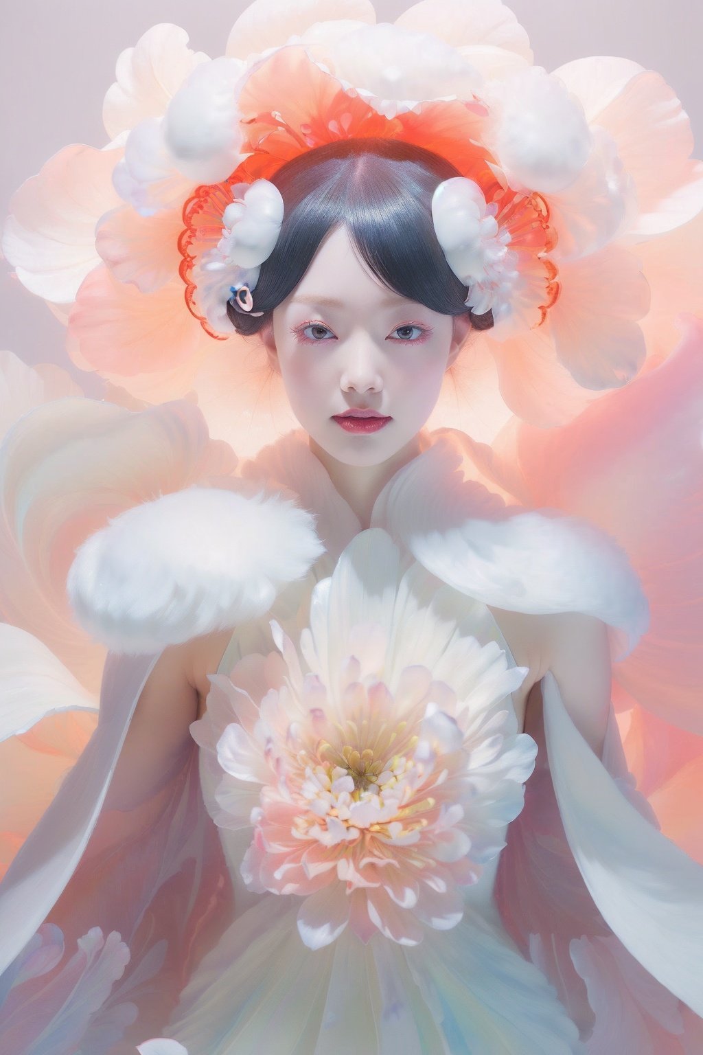 1girl, (fullbody:1.5), dynamic pose, beautiful chinese girl, detailed face, asymmetrical bangs, (double buns, hair flower, facing viewer, small face, (happy, smile, dimple, red eyes), lipstick, brush, long winged eye liner, long eyelashes, nose contouring, symmetrical eyes, chiselled jaw line),((large breasts:1.4), defined abs, narrow waist), (nice hands, perfect hands), (chinese dress, white fur red cape:1.5), high detail skin, real skin, (sky, cloud, mountain, falling flower petals, cherry blossoms, backlighting:1.4), (masterpiece, top quality, best quality, official art, beautiful and aesthetic:1.2), extreme detailed,((colorful refraction)), (beautiful detailed sky), Life optical flow,((dark intense shadows)), ((cinematic lighting)), ((sharp focus)), ((masterpiece)), ((best quality)), epic cinematic, soft nature lights, rim light, absurd, amazing, funny, itricate, hyper detailed, ultra realistic, soft colors