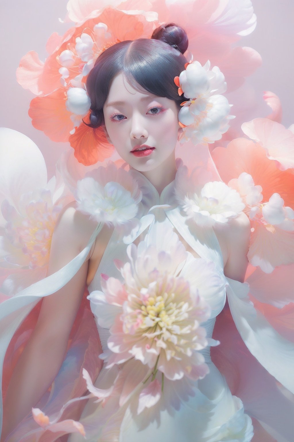 1girl, (fullbody:1.5), dynamic pose, beautiful chinese girl, detailed face, asymmetrical bangs, (double buns, hair flower, facing viewer, small face, (happy, smile, dimple, red eyes), lipstick, brush, long winged eye liner, long eyelashes, nose contouring, symmetrical eyes, chiselled jaw line),((large breasts:1.4), defined abs, narrow waist), (nice hands, perfect hands), (chinese dress, white fur red cape:1.5), high detail skin, real skin, (sky, cloud, mountain, falling flower petals, cherry blossoms, backlighting:1.4), (masterpiece, top quality, best quality, official art, beautiful and aesthetic:1.2), extreme detailed,((colorful refraction)), (beautiful detailed sky), Life optical flow,((dark intense shadows)), ((cinematic lighting)), ((sharp focus)), ((masterpiece)), ((best quality)), epic cinematic, soft nature lights, rim light, absurd, amazing, funny, itricate, hyper detailed, ultra realistic, soft colors