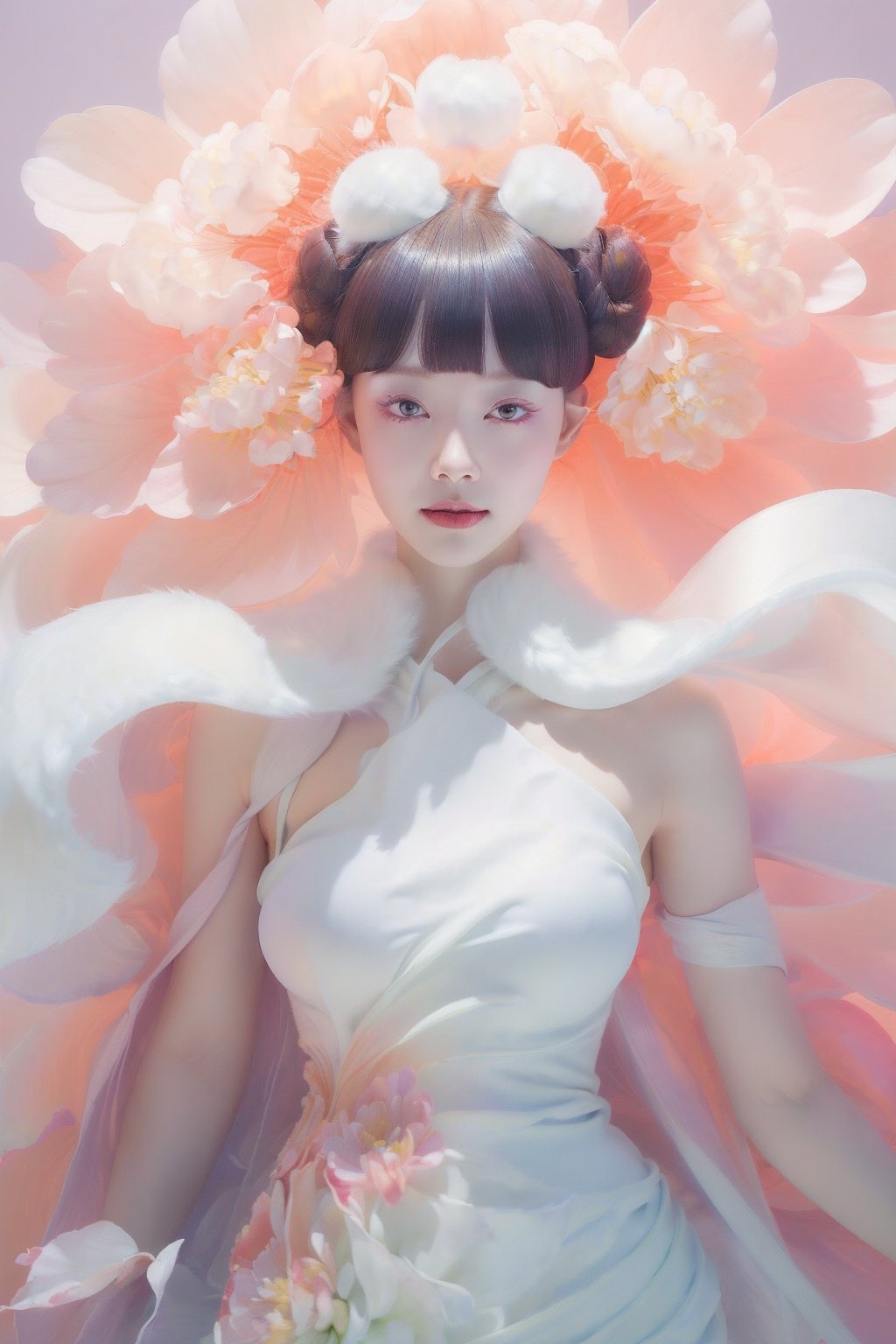 1girl, (fullbody:1.5), dynamic pose, beautiful chinese girl, detailed face, asymmetrical bangs, (double buns, hair flower, facing viewer, small face, (happy, smile, dimple, red eyes), lipstick, brush, long winged eye liner, long eyelashes, nose contouring, symmetrical eyes, chiselled jaw line),((large breasts:1.4), defined abs, narrow waist), (nice hands, perfect hands), (chinese dress, white fur red cape:1.5), high detail skin, real skin, (sky, cloud, mountain, falling flower petals, cherry blossoms, backlighting:1.4), (masterpiece, top quality, best quality, official art, beautiful and aesthetic:1.2), extreme detailed,((colorful refraction)), (beautiful detailed sky), Life optical flow,((dark intense shadows)), ((cinematic lighting)), ((sharp focus)), ((masterpiece)), ((best quality)), epic cinematic, soft nature lights, rim light, absurd, amazing, funny, itricate, hyper detailed, ultra realistic, soft colors