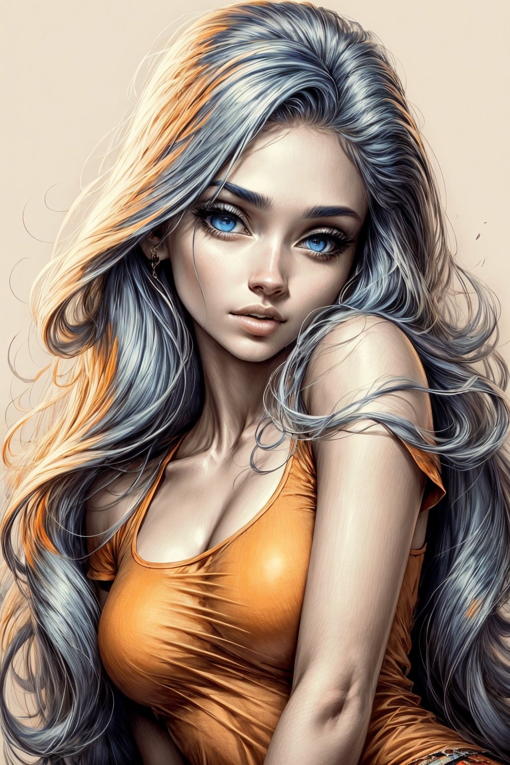 (masterpiece:1),(best quality:1),professional lighting,radiosity,(1girl:1.3),(blue eyes:1.5),(orange t-shirt:1.4),(detailed beautiflul face:1.2),no makeup,pureerosface_v1,golden proportions,wide shoulders,(busty),close mouth,smile,solo,(Kpop idol:1.1),(full body:1.3),detailed beautiflul skin,(dynamic perspective:1.2),detailed skin-texture,detailed hair,random hair style,(finely detailed beautiful eyes),elegant,sportswear,studio,(white background:1.2),looking at viewer,(perfect hands),pencil sketch,hatching,<lora:sketch v0.7-000010:0.8>,<lora:neg4all_bdsqlsz_xl_V7:1>,<lora:add_detail:1>,