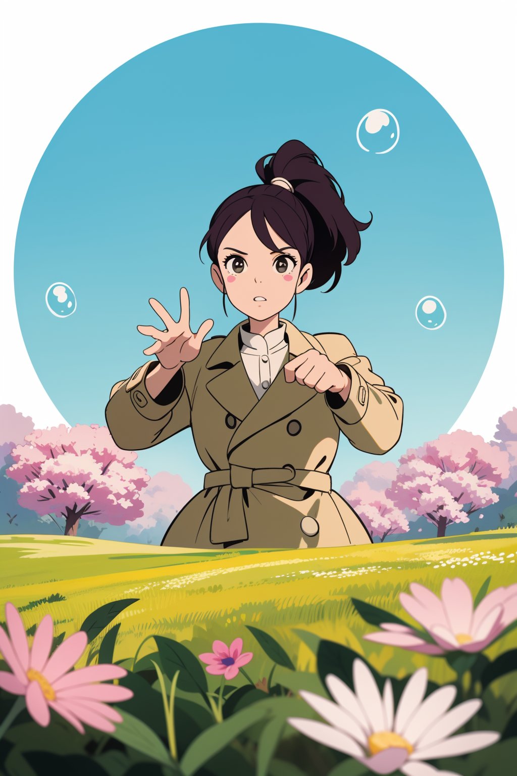 ((sticker design)),  lady, bubble ponytail, Coat , (masterpiece, best quality:1.6), , summer, Field of flowers, jojo pose, Dramatic