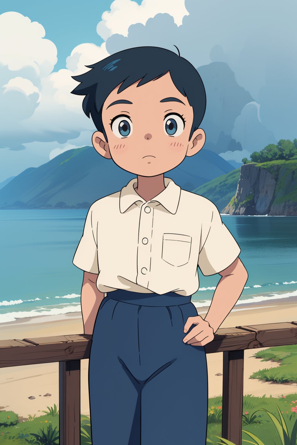 child boy, comb over, dress shirt, (masterpiece, best quality:1.6), ghibli, Stormy weather, The Galapagos Islands, quilting, panama