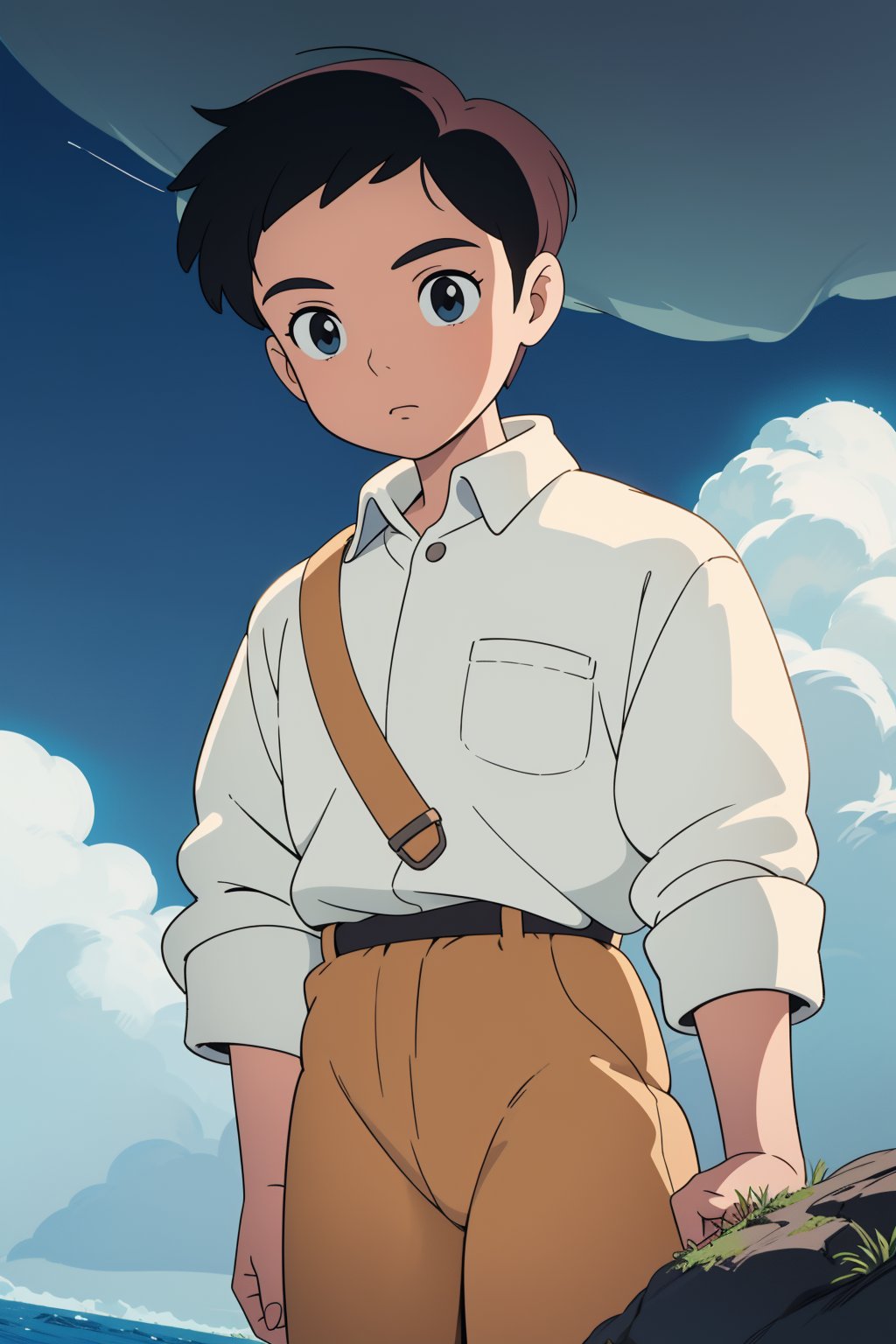 child boy, comb over, dress shirt, (masterpiece, best quality:1.6), ghibli, Stormy weather, The Galapagos Islands, quilting, panama