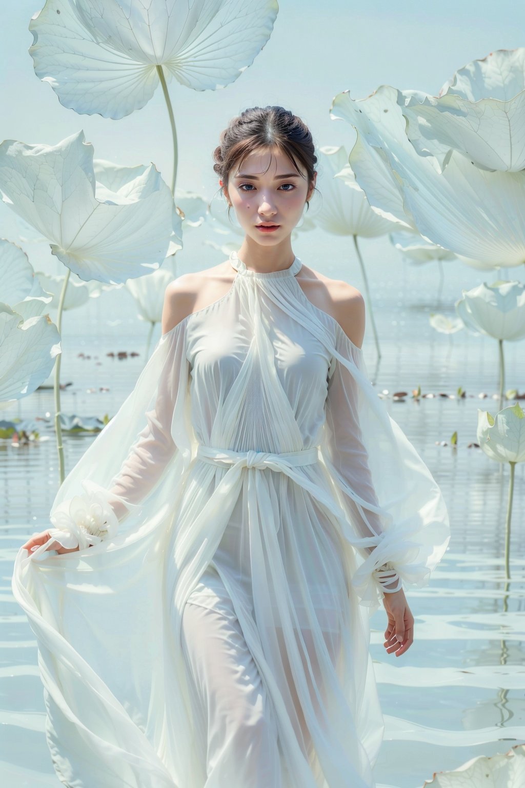 Best Quality,Masterpiece,Ultra High Resolution,(Realisticity:1.4),photorealistic,extreme detailed,Original Photo,1girl,portrait,solo,cowboy shot,(dynamic posture:1.4),white_dress,bare_shoulders,(dark sea blue tone:1.2),giant lotus leaf,dress,looking at the audiences,long sleeves,red lips,smile,depth of field,bokeh,cinematic lighting,8K raw,xiayuhe,<lora:Fisher_Lotus xiayuhe v0.5:0.8>,<lora:add_detail:0.6>,<lyco:GoodHands-beta2:1>,