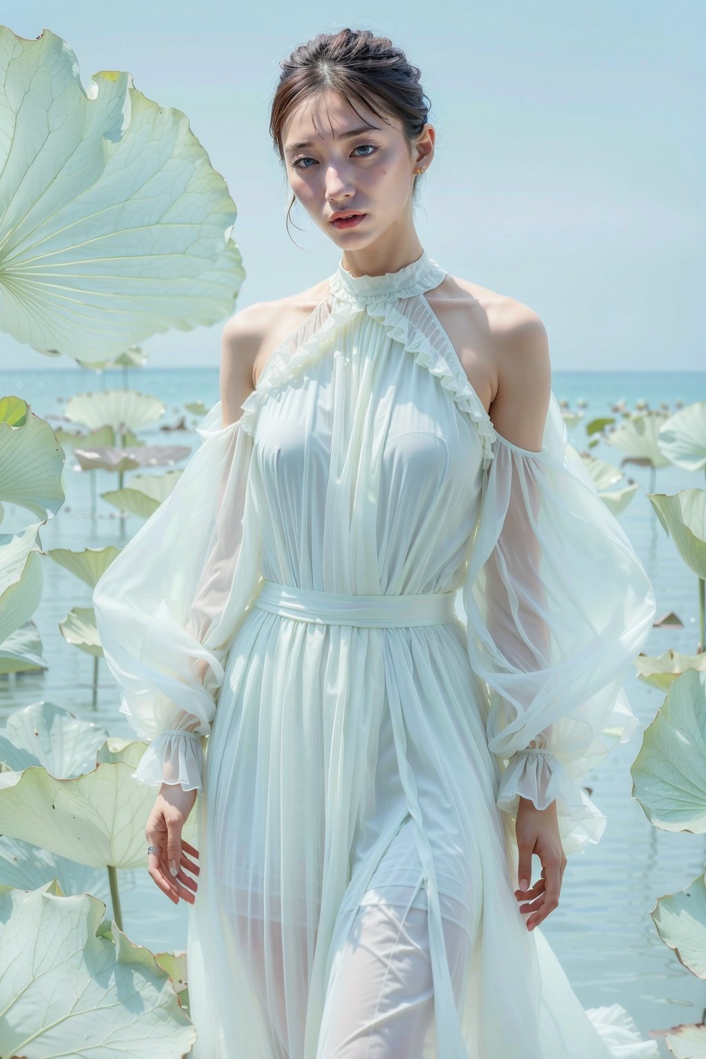 Best Quality,Masterpiece,Ultra High Resolution,(Realisticity:1.4),photorealistic,extreme detailed,Original Photo,1girl,portrait,solo,cowboy shot,(dynamic posture:1.4),white_dress,bare_shoulders,(dark sea blue tone:1.4),lotus,(giant lotus leaf:1.2),dress,looking at the audiences,long sleeves,red lips,smile,depth of field,bokeh,cinematic lighting,8K raw,xiayuhe,<lora:Fisher_Lotus xiayuhe v0.5:0.7>,<lora:add_detail:0.6>,<lyco:GoodHands-beta2:1>,