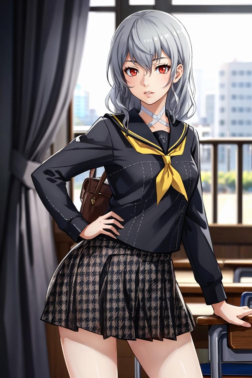 masterpiece, best quality,  <lora:zs_Izanamip4:1> izanamischool, serafuku, school uniform, grey skirt, houndstooth