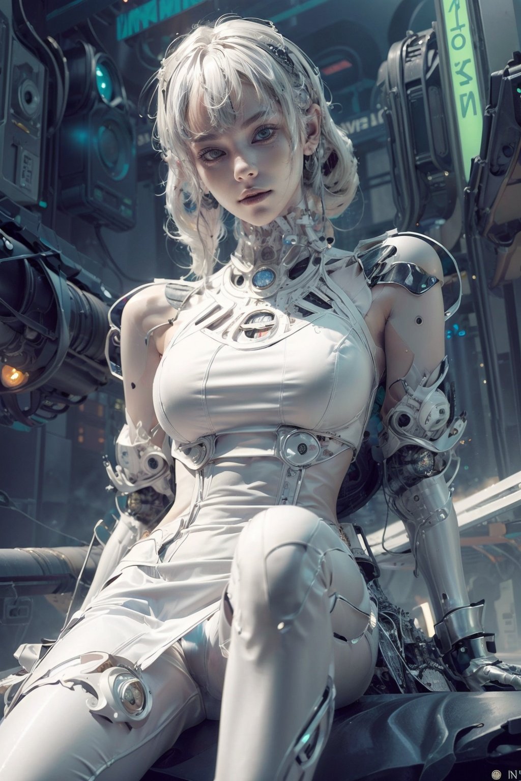 dramatic,gritty,intense,masterpiece,best quality,realistic,photorealistic,extreme detailed,8k,insane details,intricate details,hyperdetailed,hyper quality,high detail,ultra detailed,science fiction,(cyberpunk:1.3),future,building background,1girl,(portrait:1.3),solo,(intense gaze:1.3),looking at viewer,(white body:1.3),(long legs:1.4),glowing,shiny,(low angle perspective:1.3),from below,(Slim body:1.1),neon lights,nanotech,<lora:Fisher_Nanotech Android v0.2:0.6>,<lora:add_detail:1>,<lora:Xian-T手部修复lora（不用controlnet也不坏手了）_v3.0:1>,<lora:MengX girl_Mix_V40:1>,