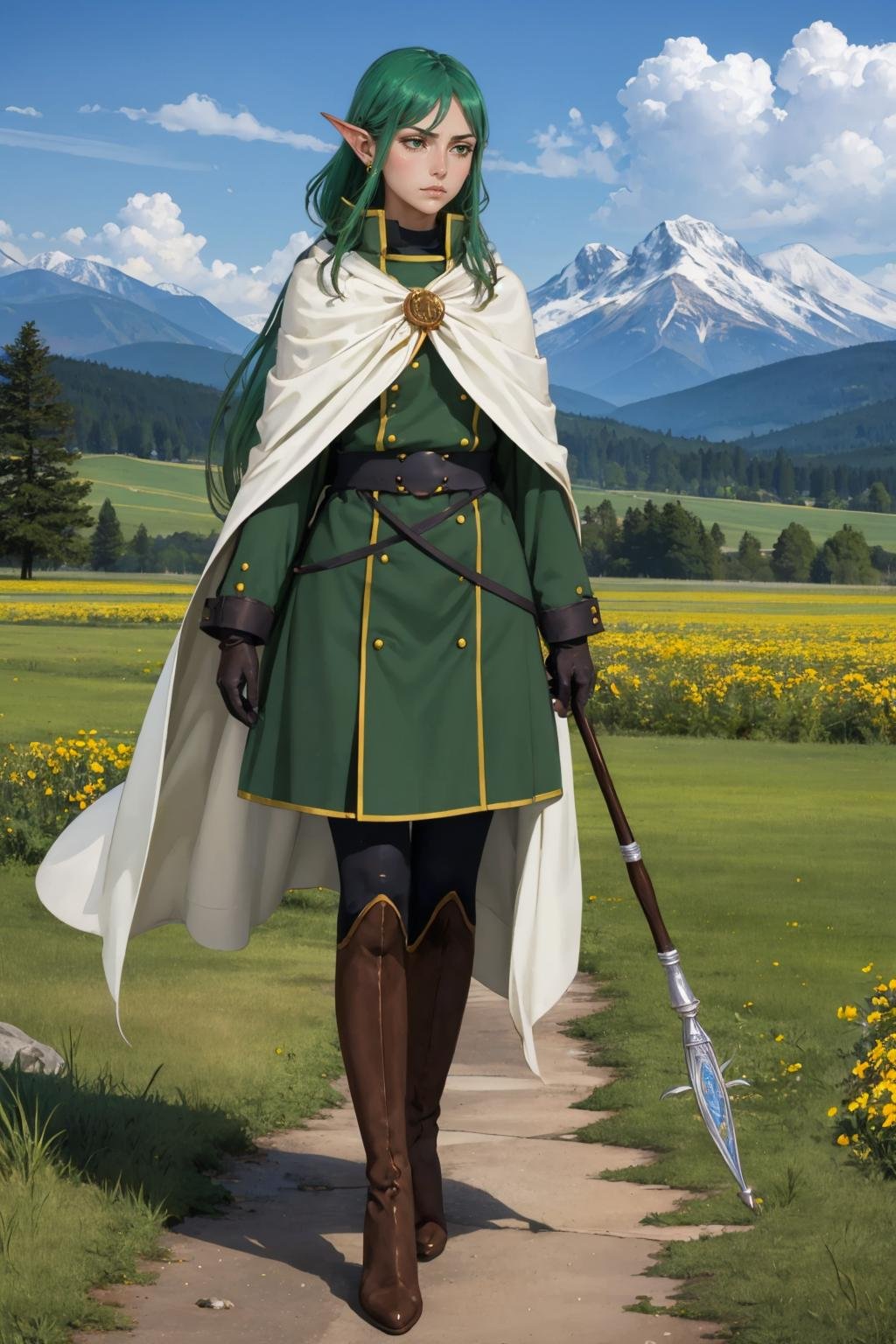 masterpiece, best quality, <lora:riveria-nvwls-v1-000010:0.8> defriveria, jewelry, white cloak, green dress, long green sleeves, gloves, belt, pantyhose, boots, furrowed brow, mountains, field, holding staff