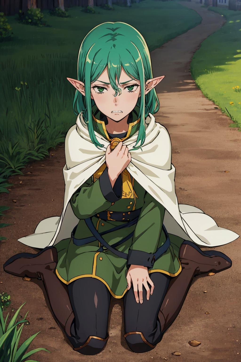 masterpiece, best quality, <lora:riveria-nvwls-v1-000010:0.8> defriveria, jewelry, white cloak, green dress, long green sleeves, belt, pantyhose, wariza, on ground, from above, boots, field, dirt, pained expression, clenched teeth, looking at viewer