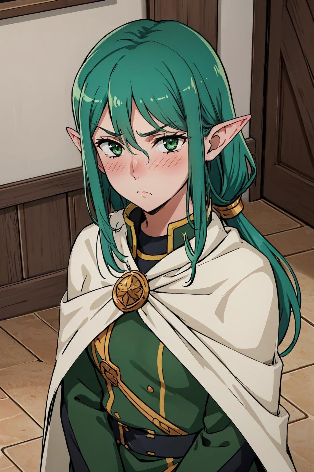 masterpiece, best quality, <lora:riveria-nvwls-v1-000010:0.8> defriveria, jewelry, white cloak, green dress, long green sleeves, belt, pantyhose, indoors, tavern, upper body, blush, surprised, from above, looking at viewer, frown