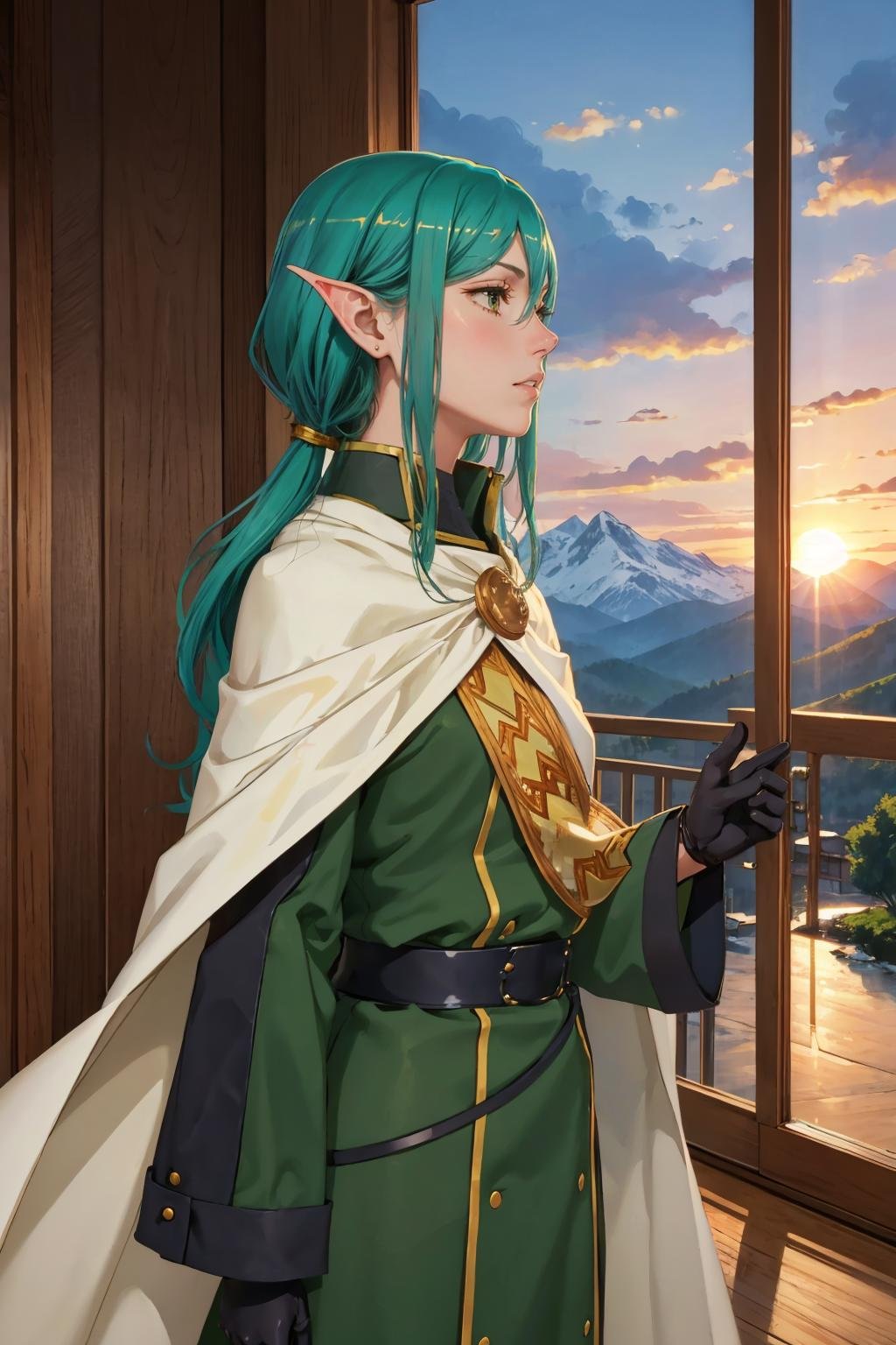 masterpiece, best quality, <lora:riveria-nvwls-v1-000010:0.8> defriveria, jewelry, white cloak, green dress, long green sleeves, gloves, belt, pantyhose, portrait, sunset, mountains, profile, looking up, sky