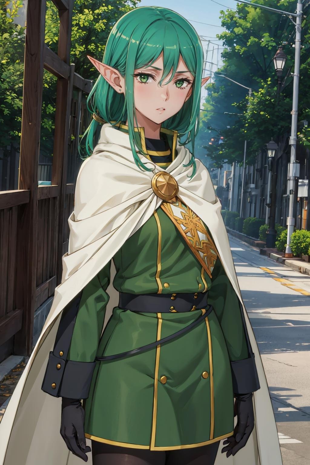 masterpiece, best quality, <lora:riveria-nvwls-v1-000010:0.9> defriveria, jewelry, white cloak, green dress, long green sleeves, gloves, belt, pantyhose, upper body, looking at viewer, forest, dusk