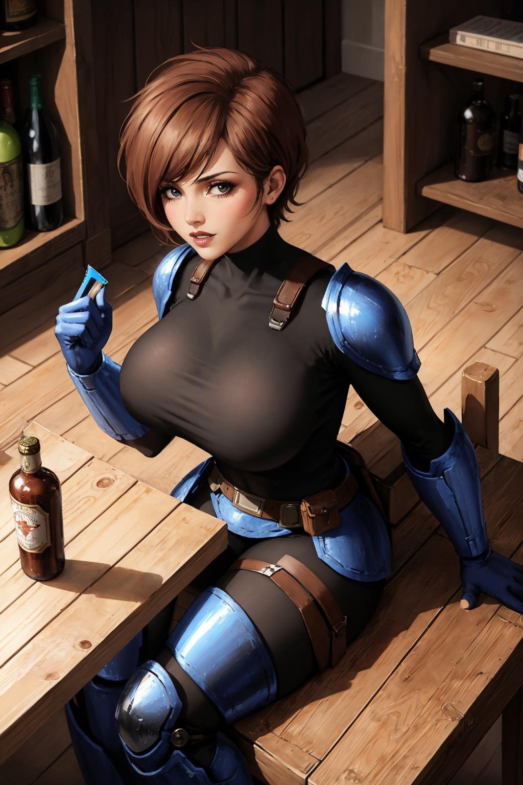 masterpiece, best quality, <lora:rahab-nvwls-v1-000009:0.9> rahab, black bodysuit, armor, armored legwear, gloves, belt, pouch, huge breasts, looking at viewer, from above, steampunk, indoors, tavern, sitting, bottle, table, chair