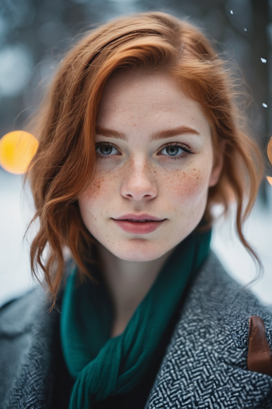 closed lips, cute smile, cinematic photo (art by Mathias Goeritz:0.9) , photograph, Lush Girlfriend, Tax collector, Rich ginger hair, Winter, tilt shift, Horror, specular lighting, film grain, Samsung Galaxy, F/5, (cinematic still:1.2), freckles . 35mm photograph, film, bokeh, professional, 4k, highly detailed ,1 girl,midjourney,yuzu, perfect, fingers,
