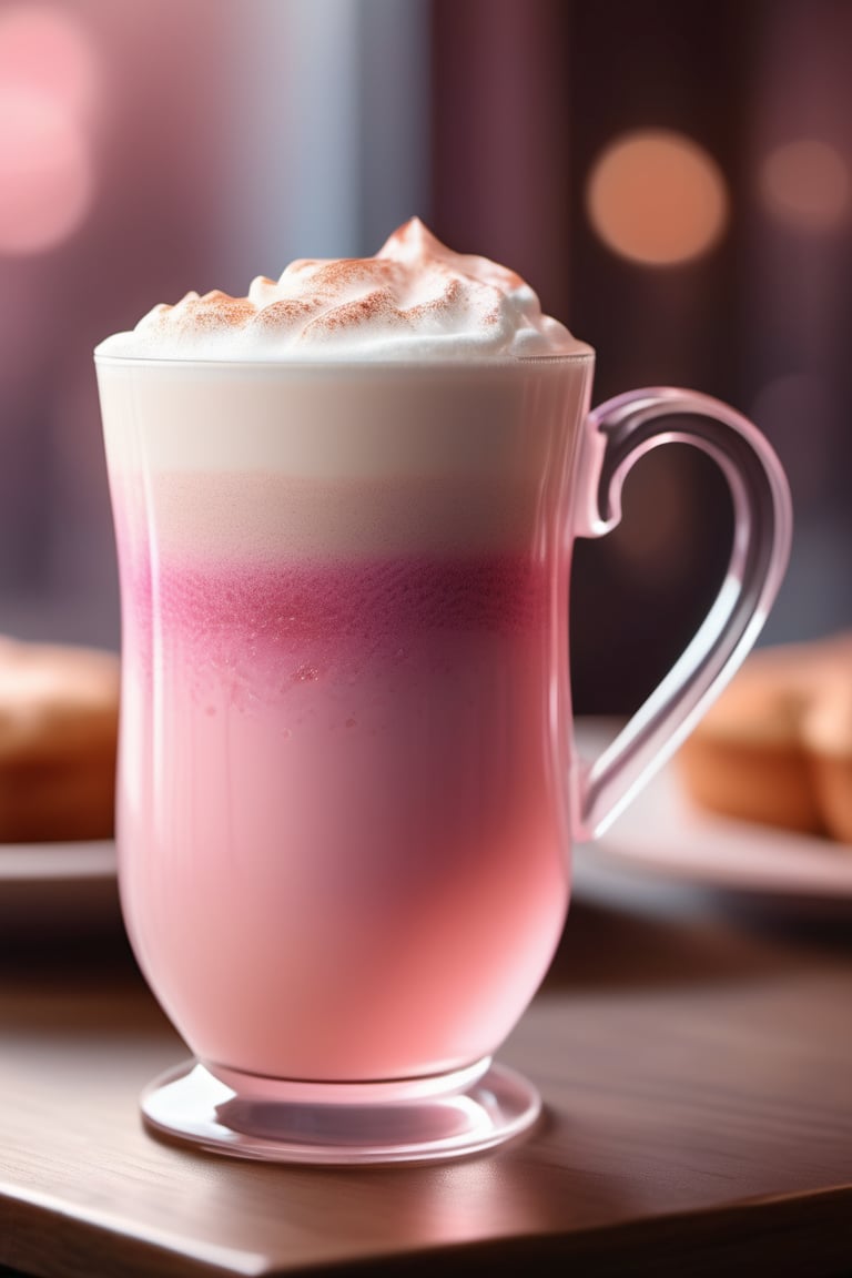 a magical fairy latte, in a transparent pink-tinted glass, high quality, inside of a fairy cafe, 8k, concept art, elegant
