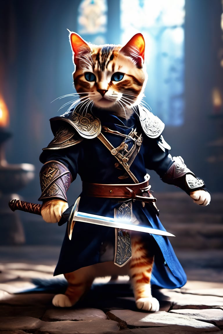 ((photo:1.2)), A cute cat battle mage, sword and shild with runes, dramatic lighting, dynamic pose, dynamic camera,masterpiece, best quality, dark shadows, ((dark fantasy)), detailed, realistic, 8k uhd, high quality
