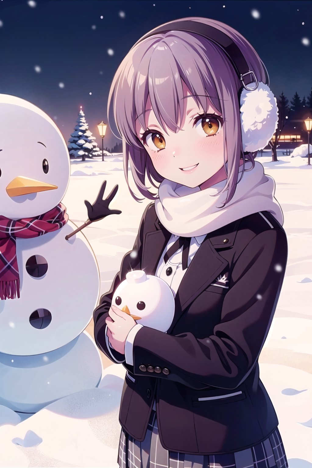 haruka(Best quality, Masterpiece: 1.3), Perfect beauty: 1. 5, short hair,  school uniform, black jacket, open jacket, ribbon, collared shirt, plaid skirt,(Smiling), (Very beautiful view), (Most amazing view), (One woman), ( Snow scene), (Plain background), Making snowman, One person, Small chest, Hair in wind Fluttering skirt, Fluffy mitten gloves, earmuffs, scarf, cute snowman, best smile, waving, mini character, three snowmen, jumping snowman, ((hugging snowman)), shovel, penguin,haruka