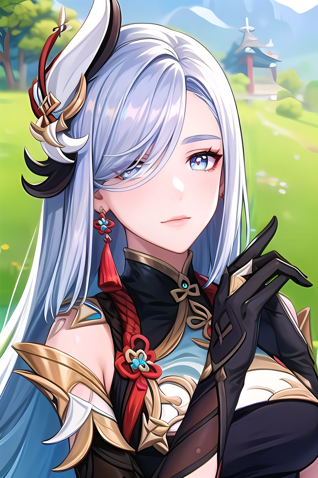 yuanshen,shenhe \(genshin impact\),1girl,solo,long hair,hair ornament,earrings,jewelry,looking at viewer,blue eyes,hair over one eye,outdoors,grass,tassel earrings,bangs,closed mouth,grey hair,polearm,breast curtain,tassel,portrait,nice hands, dark studio