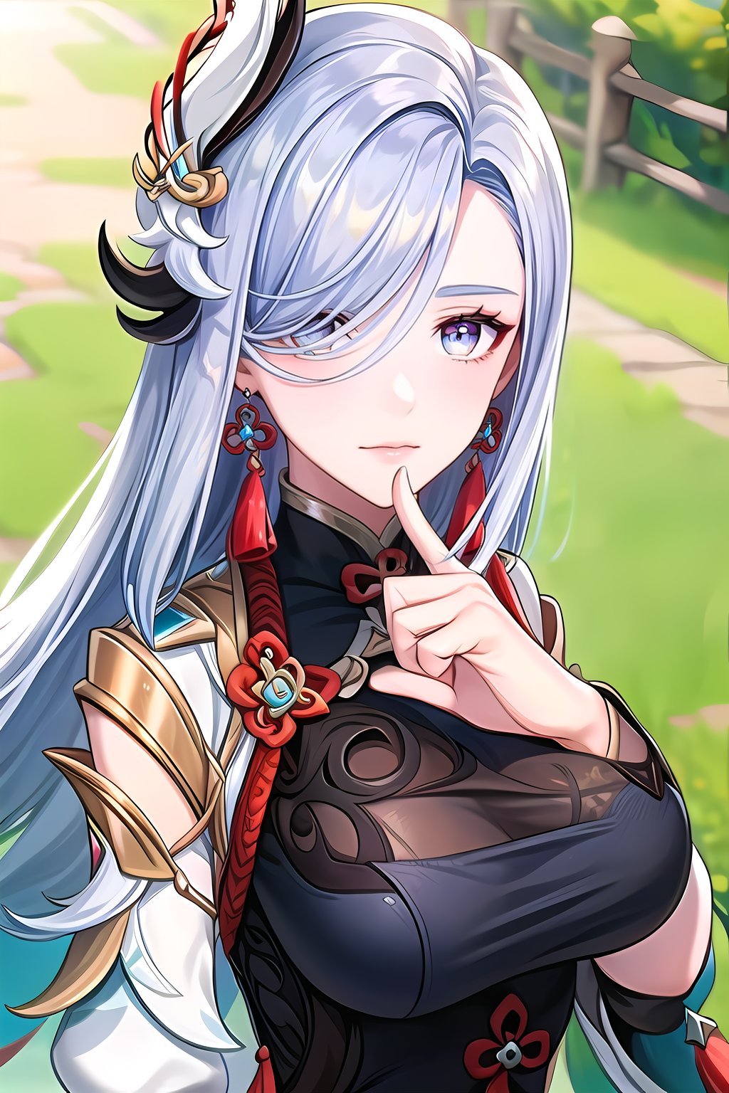 yuanshen,shenhe \(genshin impact\),1girl,solo,long hair,hair ornament,earrings,jewelry,looking at viewer,blue eyes,hair over one eye,outdoors,grass,tassel earrings,bangs,closed mouth,grey hair,polearm,breast curtain,tassel,portrait,nice hands,